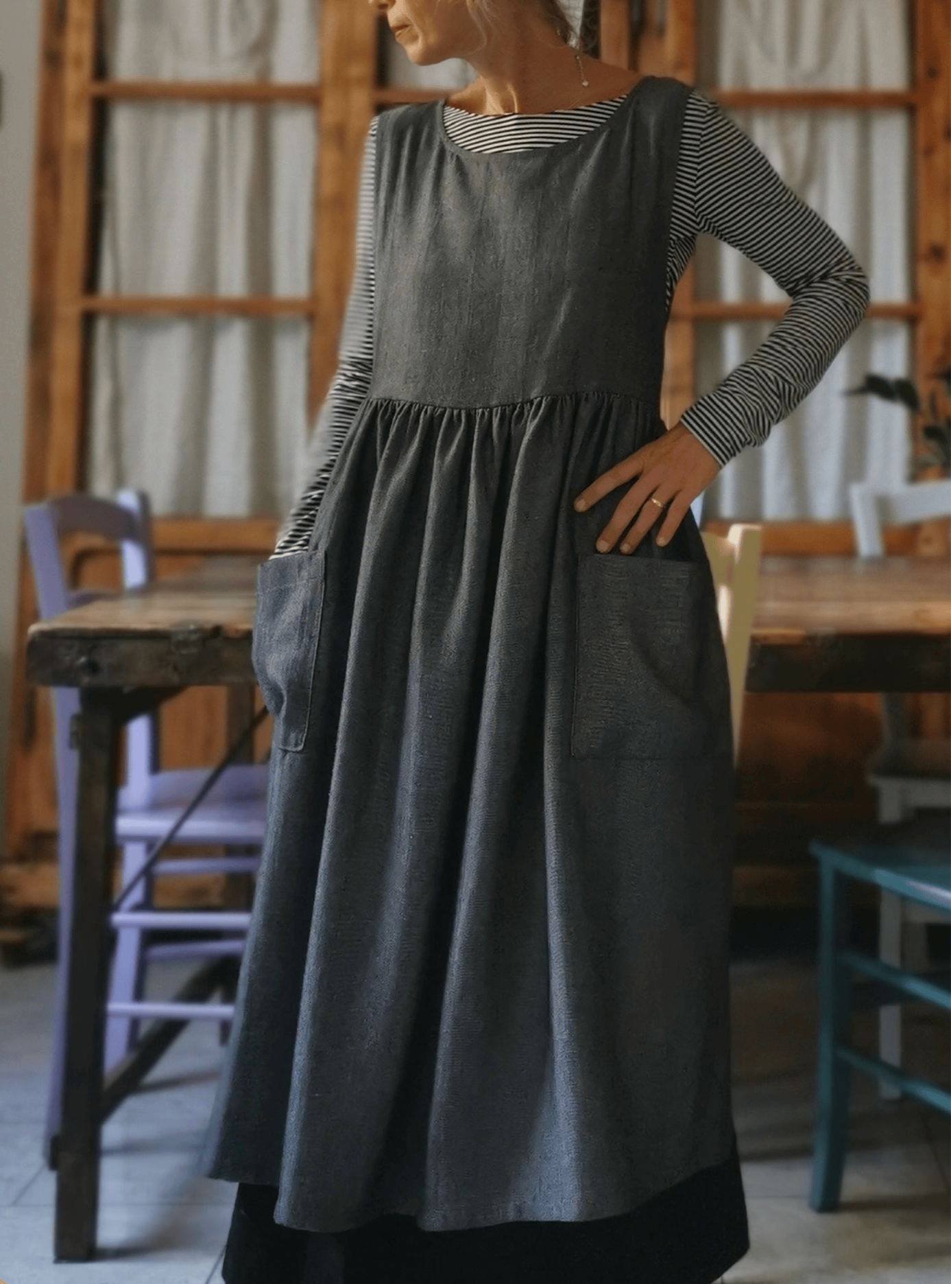Grey Herringbone  Apron with Pockets