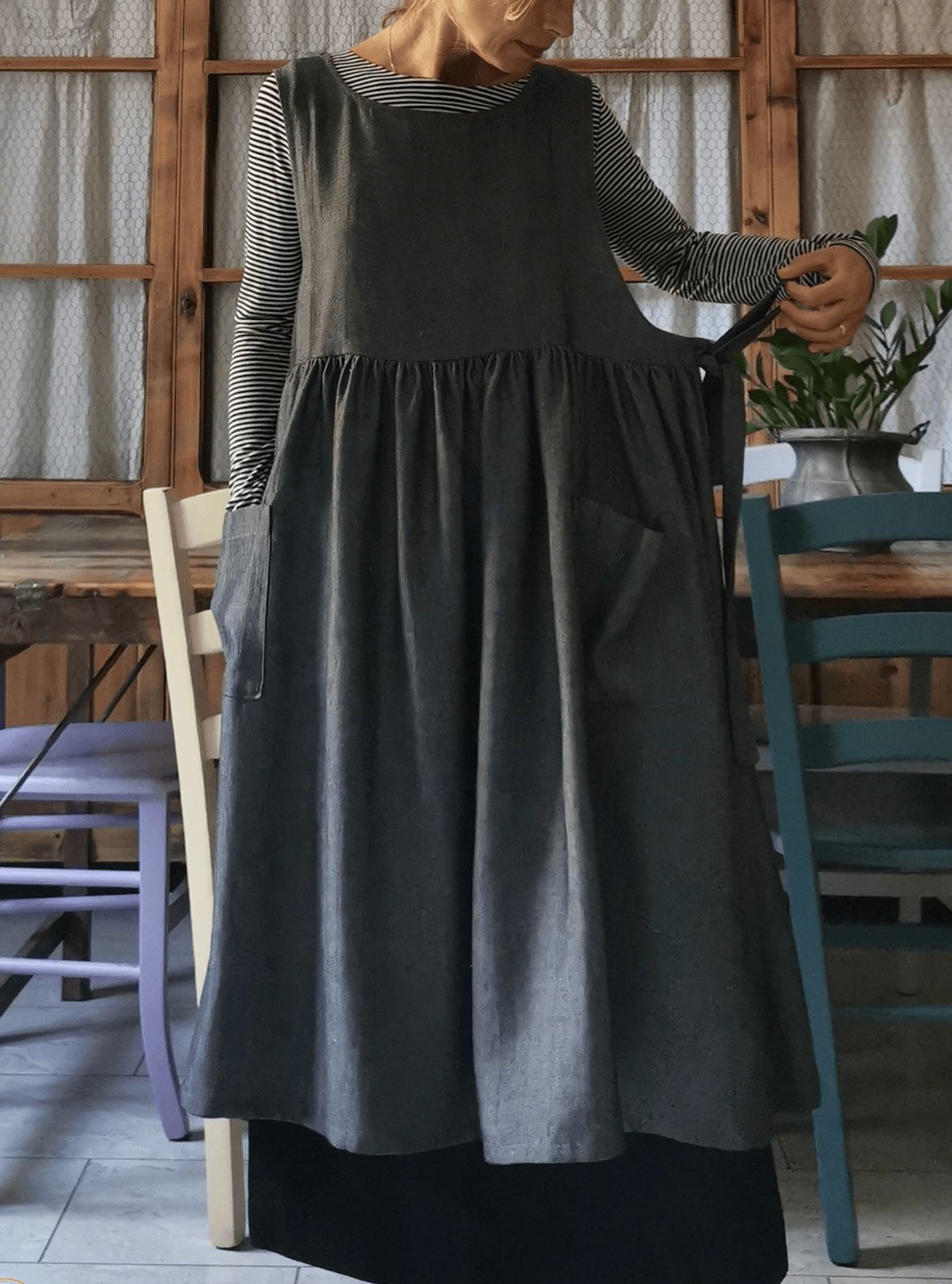 Grey Herringbone  Apron with Pockets