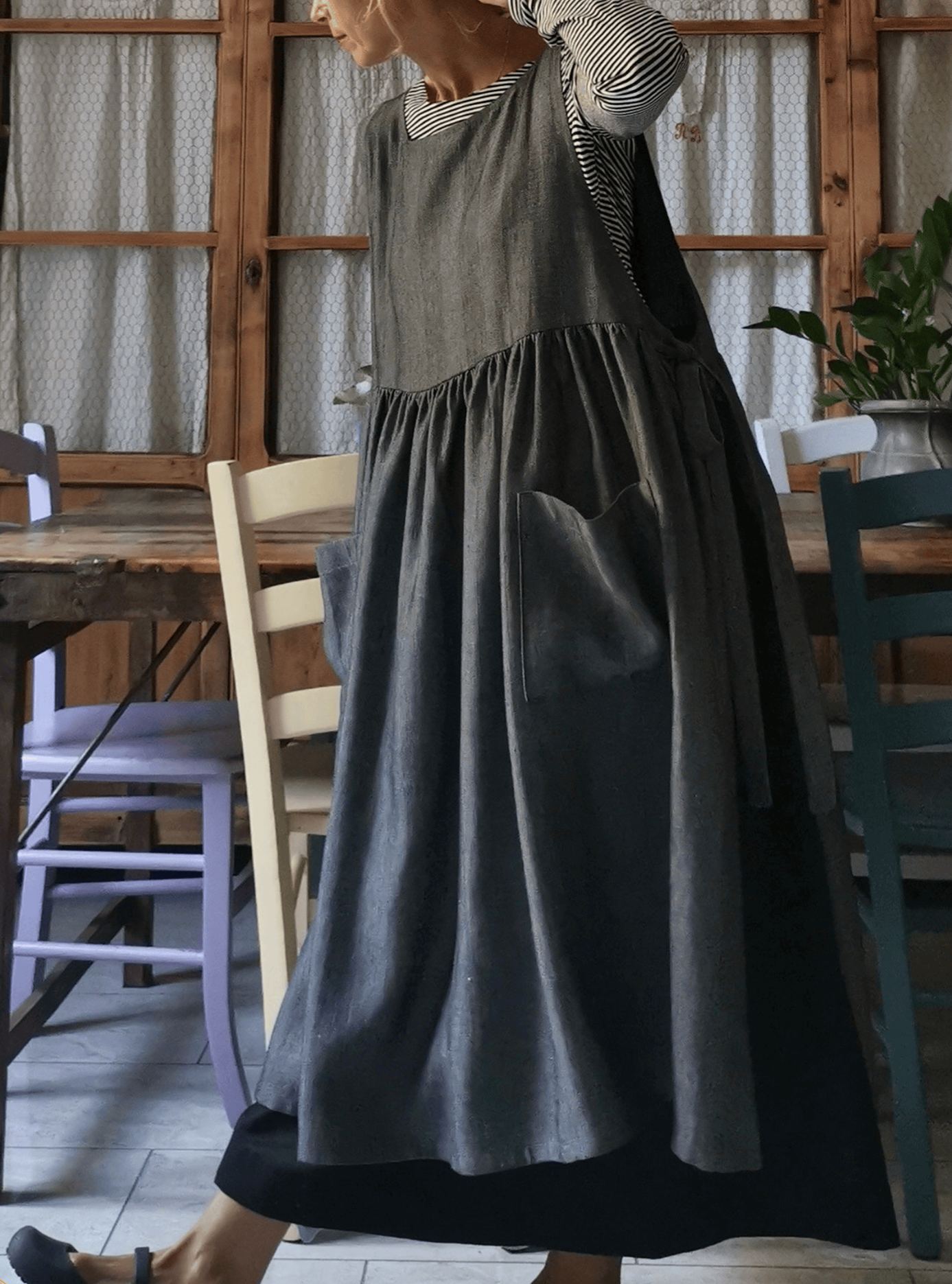 Grey Herringbone  Apron with Pockets