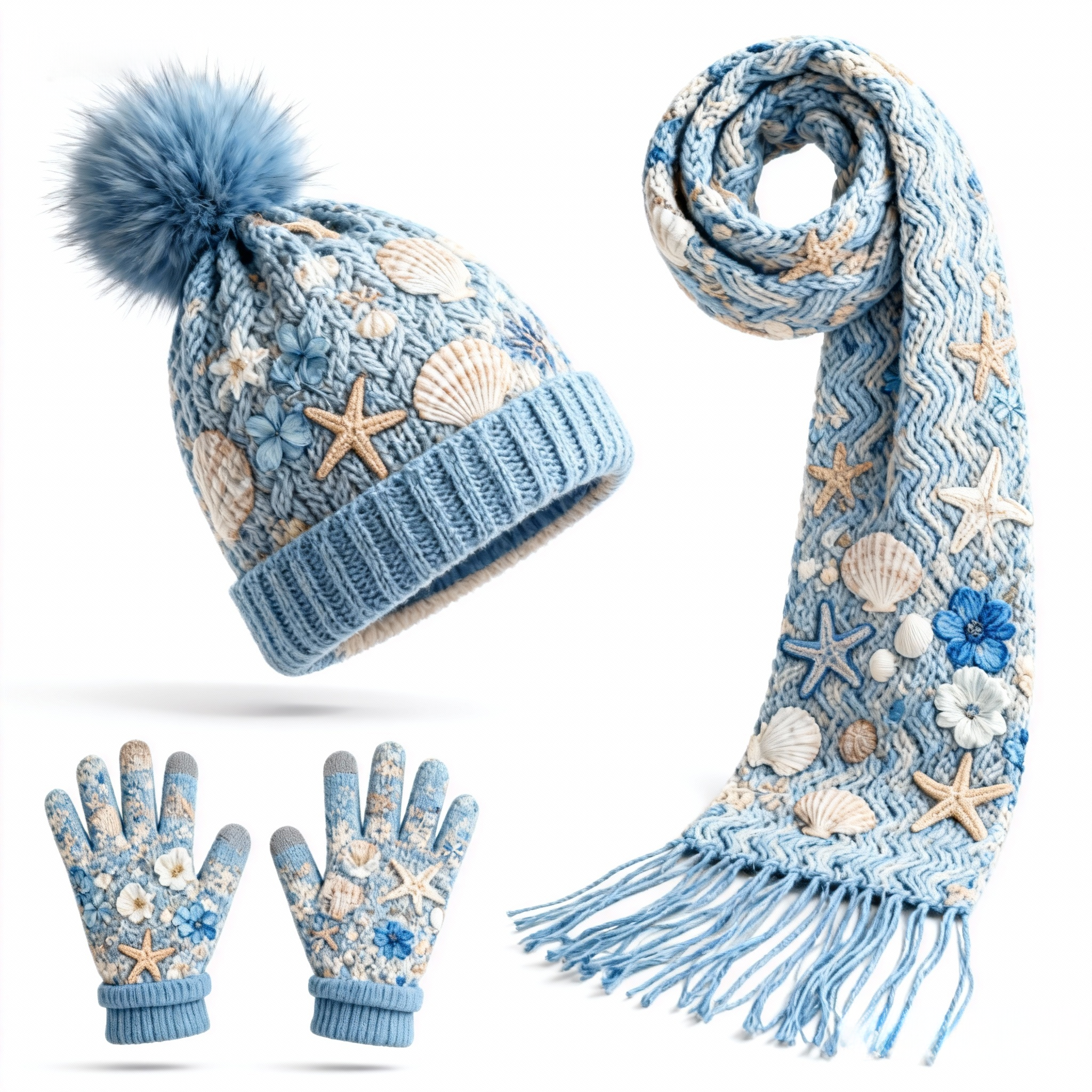 Womens Nautical Starfish & Seashell 3Pcs Knit Hat Long Scarf and Touchscreen Gloves Set Fleece Lined Pom Pom Beanie Winter Gift 