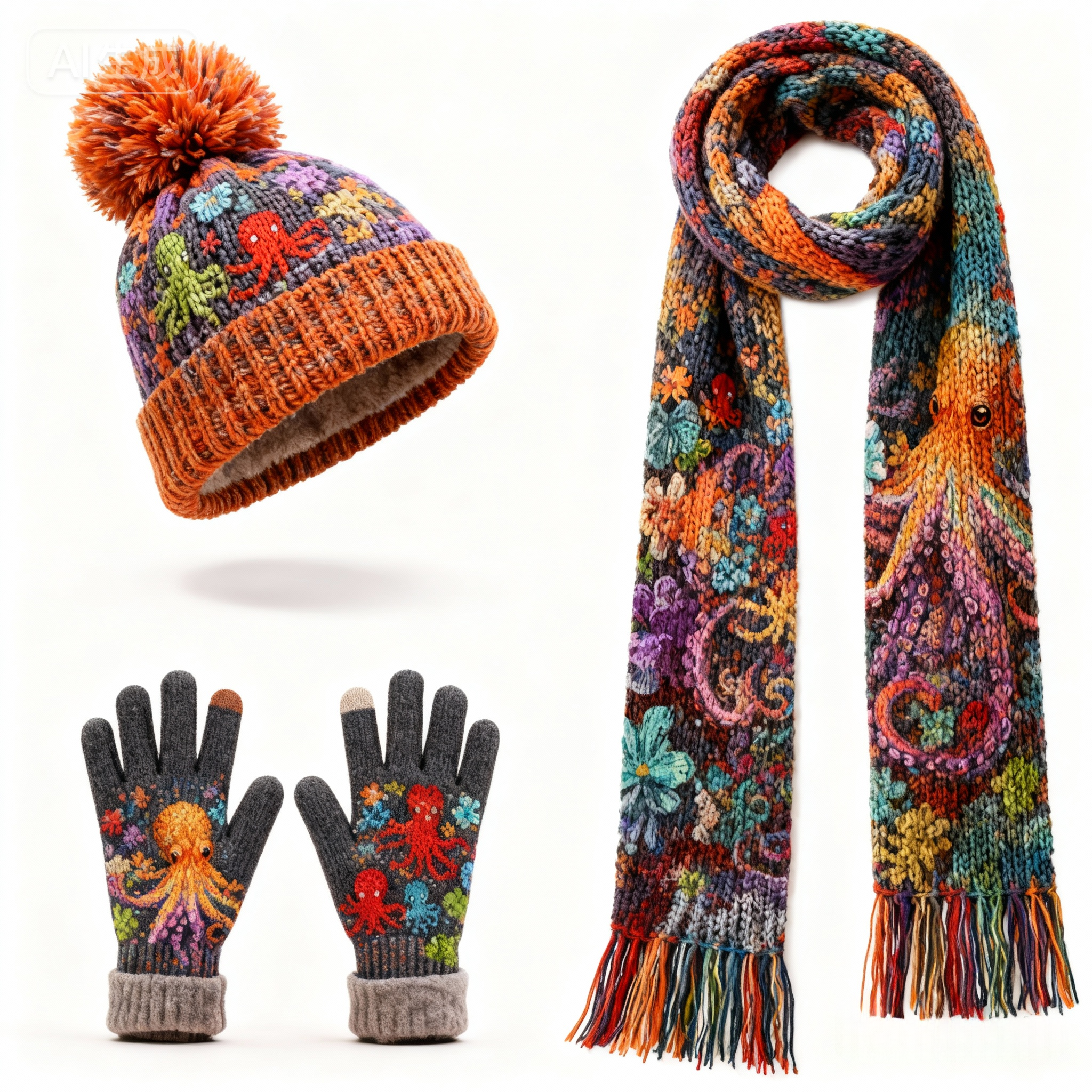 Womens Vibrant Octopus & Underwater 3Pcs Knit Hat Long Scarf and Touchscreen Gloves Set Fleece Lined Pom Pom Beanie Winter Gift 
