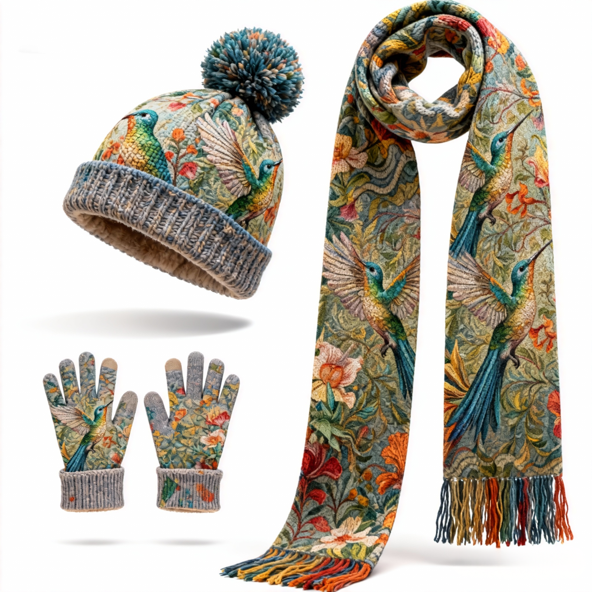 Womens Hummingbird & Floral 3Pcs Knit Hat Long Scarf and Touchscreen Gloves Set Fleece Lined Pom Pom Beanie Winter Gift 