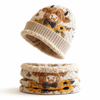 Womens Highland Cow & Sunflower 2pcs Knit Hat Neck Scarf Set Fleece Lined Beanie & Neck Gaiter Winter Gift 