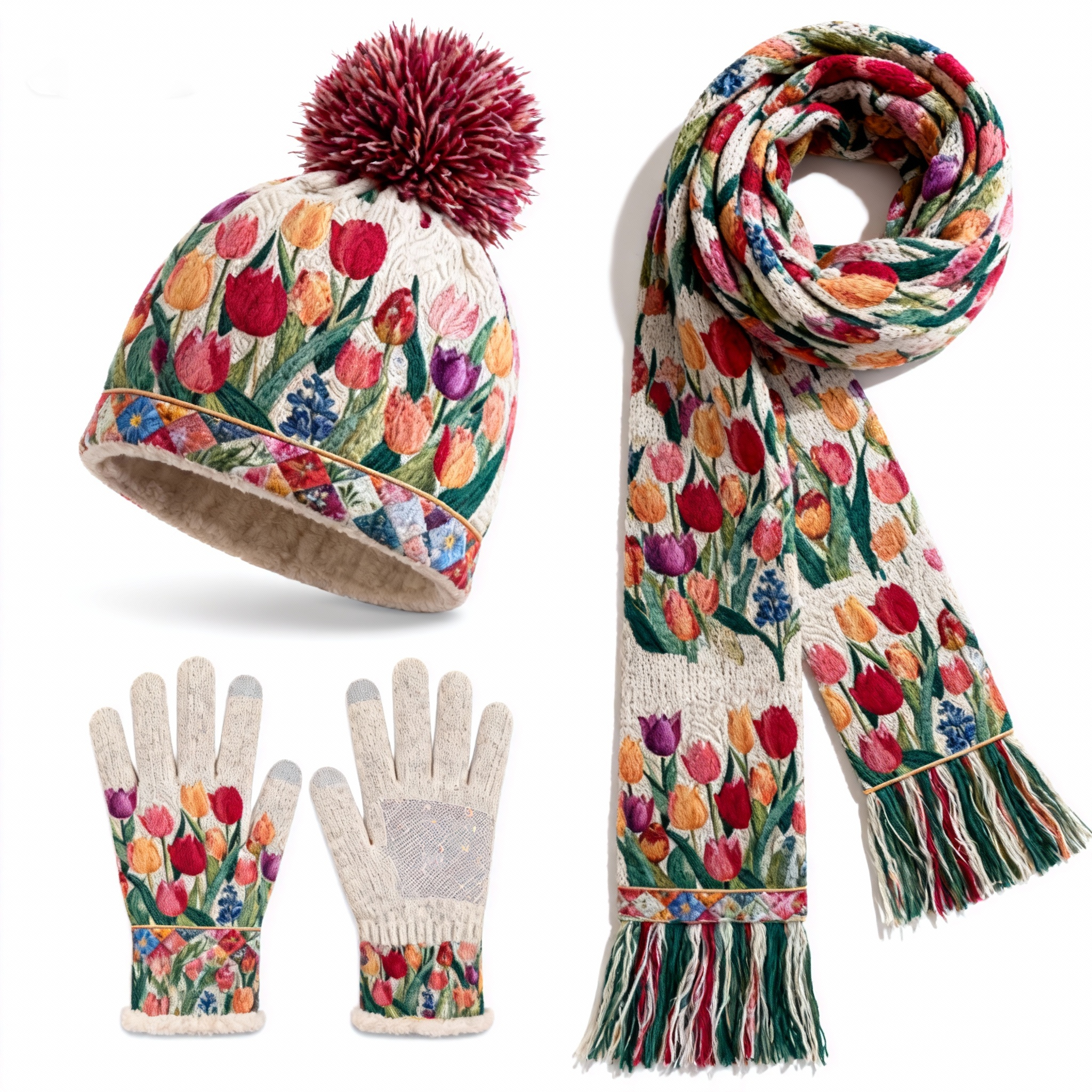 Womens Oil Painting Tulip Floral 3Pcs Knit Hat Long Scarf and Touchscreen Gloves Set Fleece Lined Pom Pom Beanie Winter Gift 