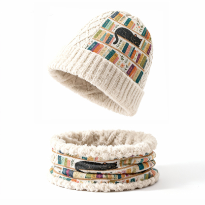 Womens Black Cat Bookshelf 2pcs Knit Hat Neck Scarf Set Fleece Lined Beanie & Neck Gaiter Winter Gift 