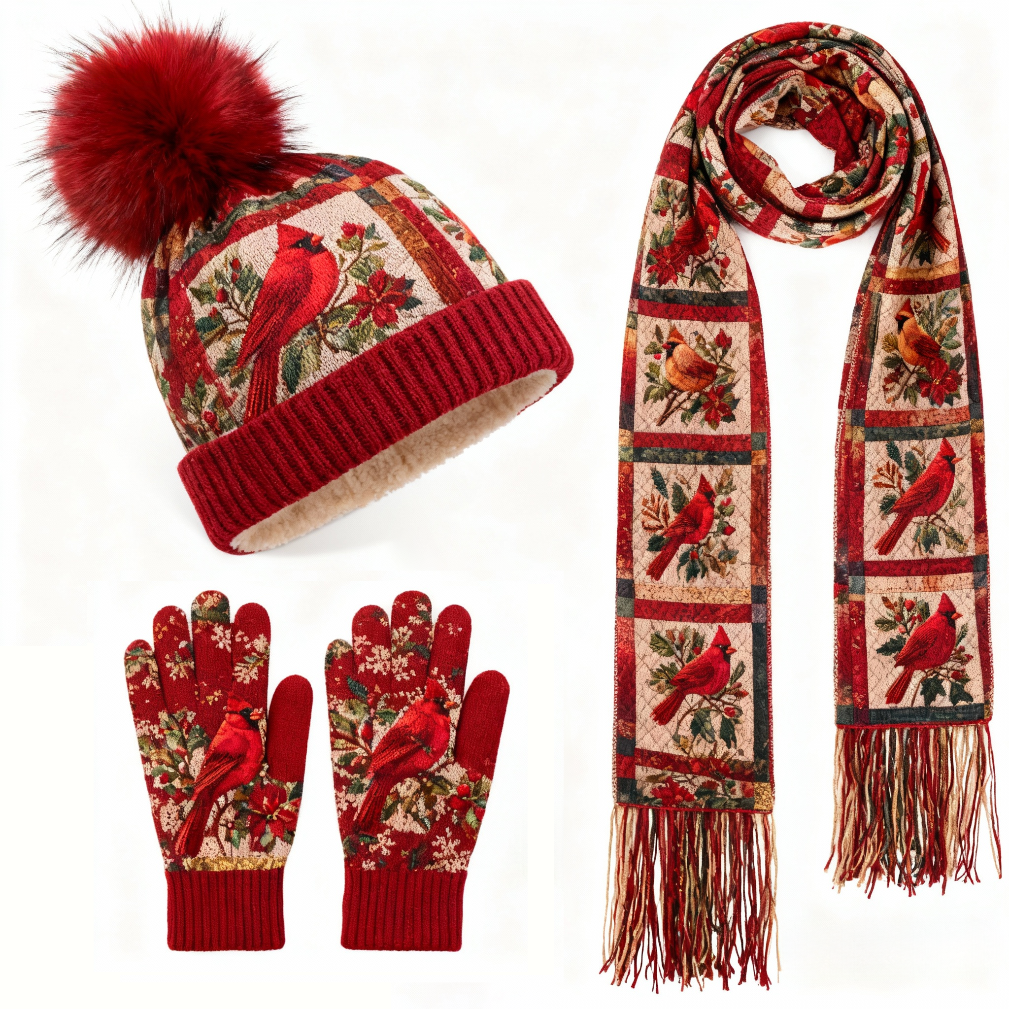 Womens Red Cardinal & Poinsettia 3Pcs Knit Hat Long Scarf and Touchscreen Gloves Set Fleece Lined Pom Pom Beanie Winter Gift 