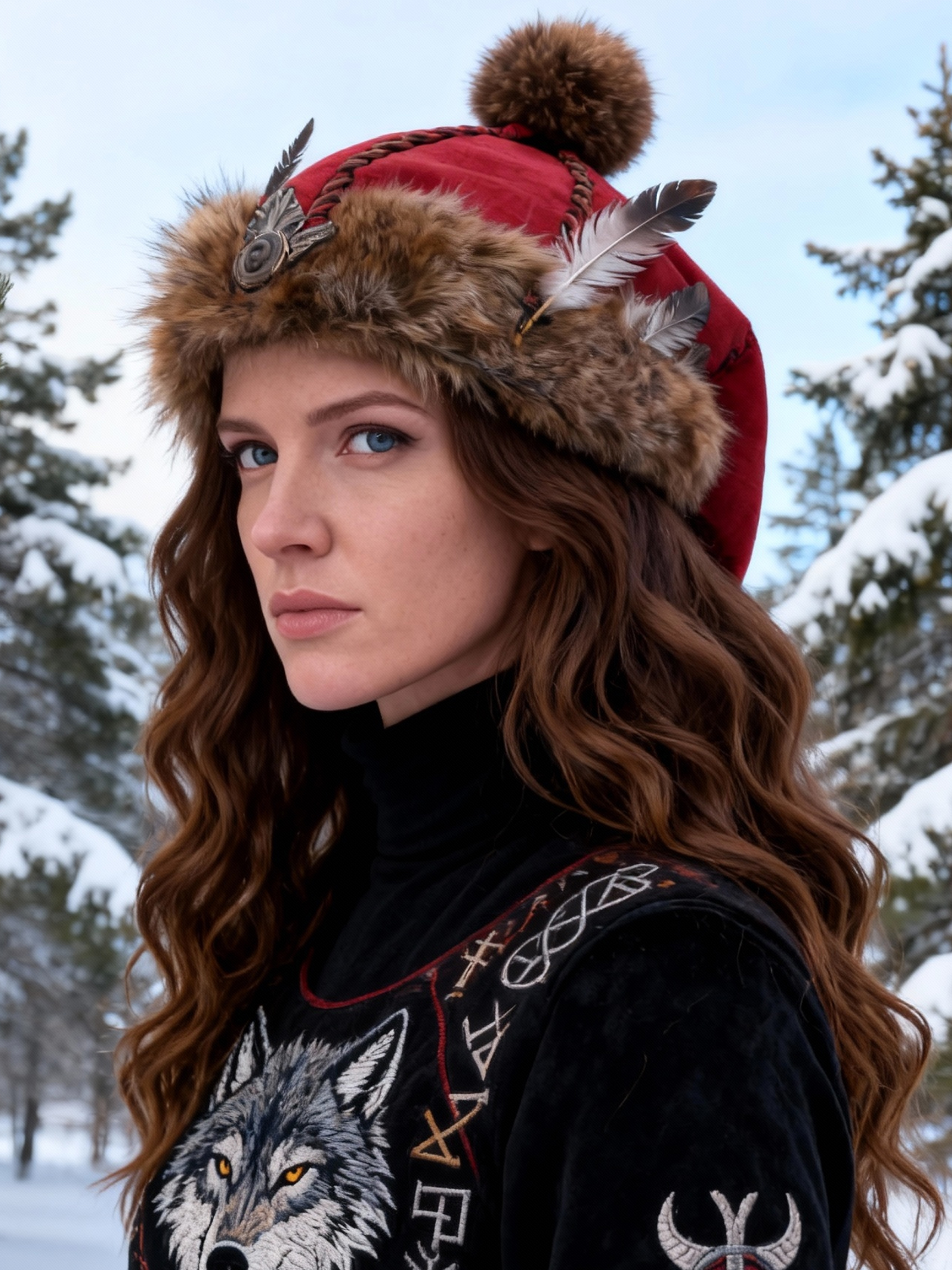 Women's Red Suede Viking Style Faux Fur Hat