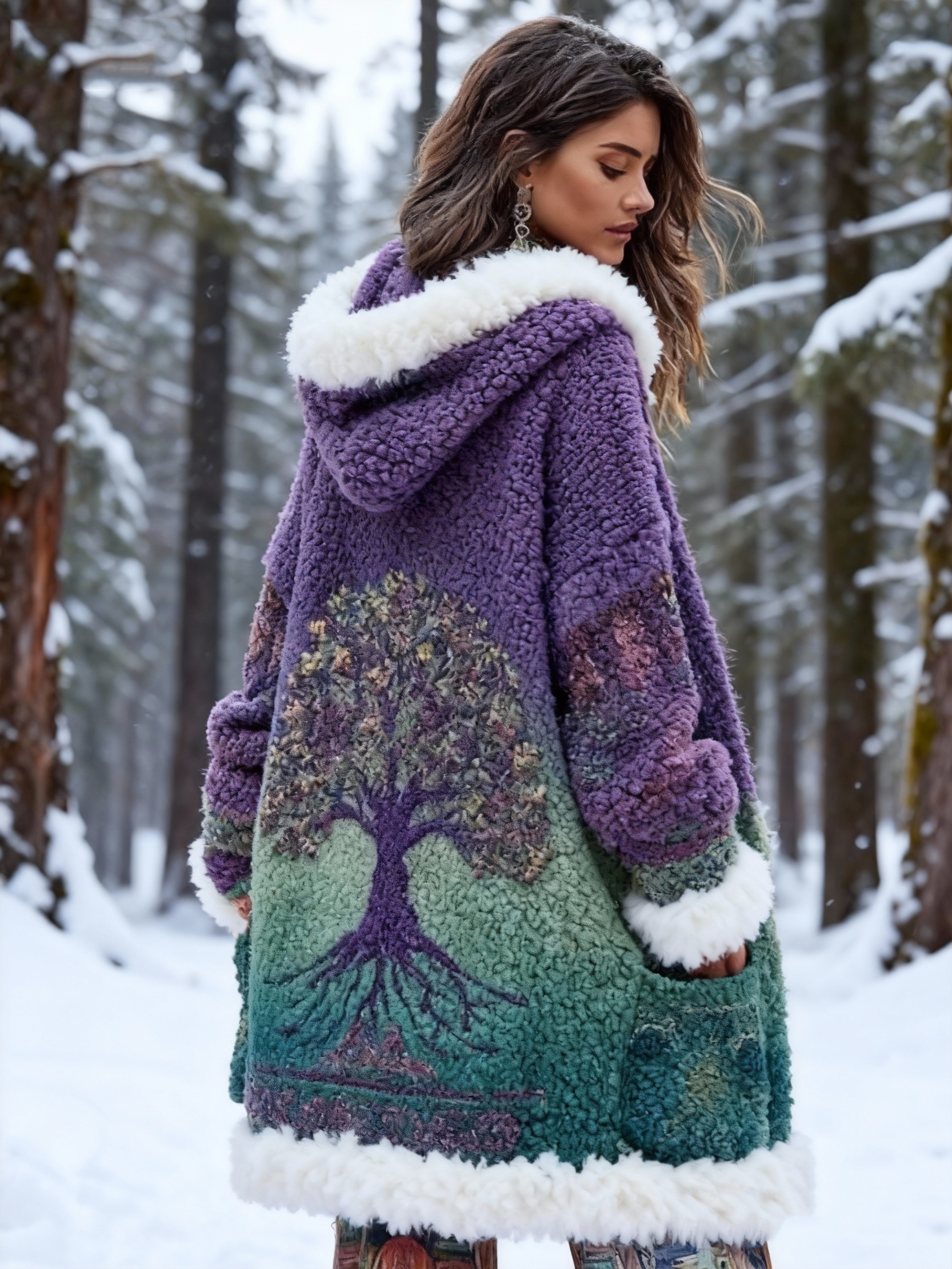  Vintage Yggdrasil Tree Print Ombre Purple & Green Sherpa Fleece Hooded Coat with Faux Fur Trim Warm Oversized Winter Outerwear