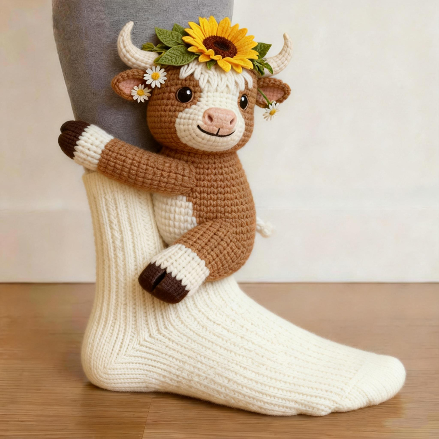 3D Sunflower Highland Cow Socks - Khaki