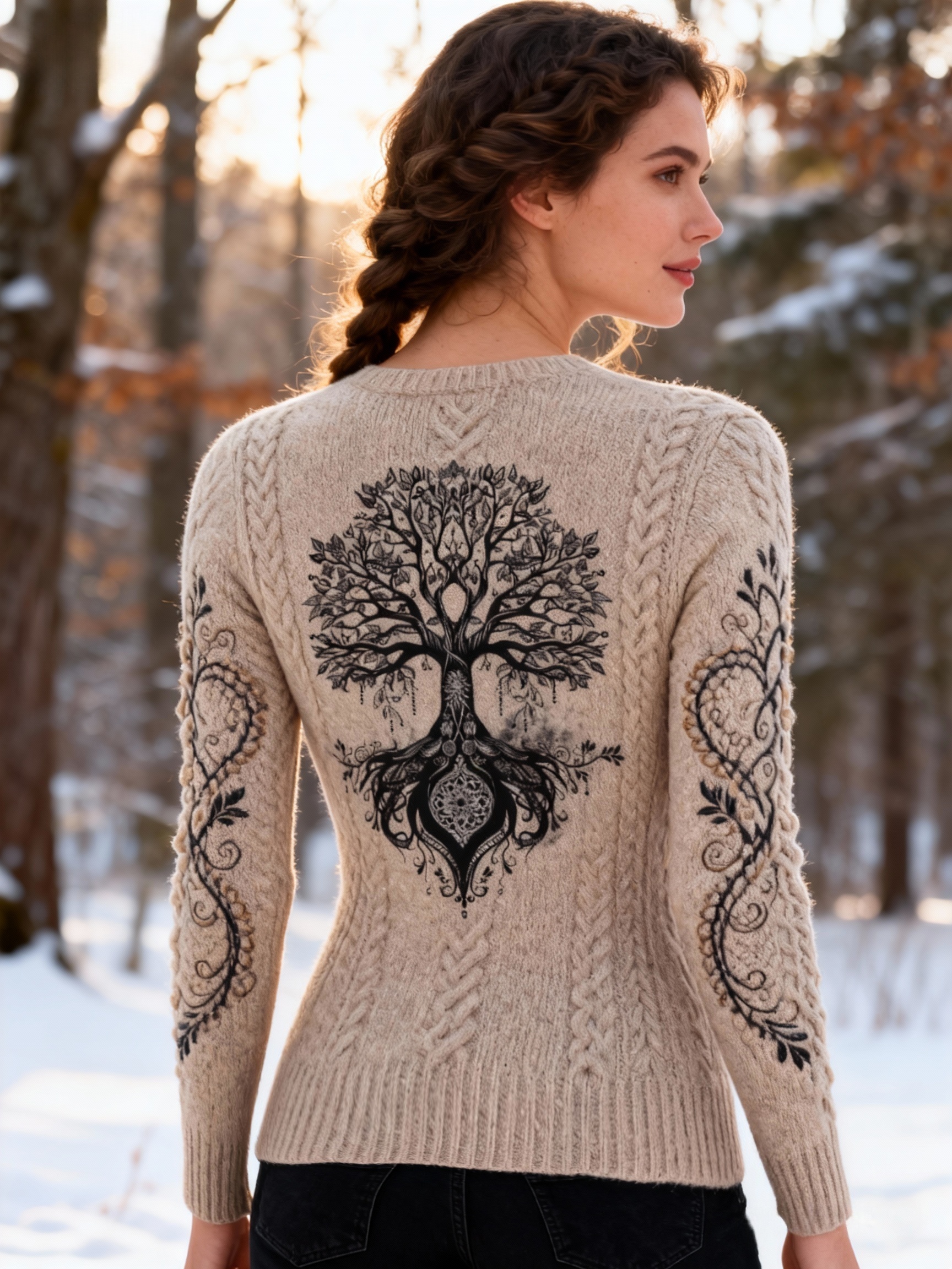 Viking Yggdrasil Tree Beige Cable Knit Long Sleeve V-Neck Sweater 