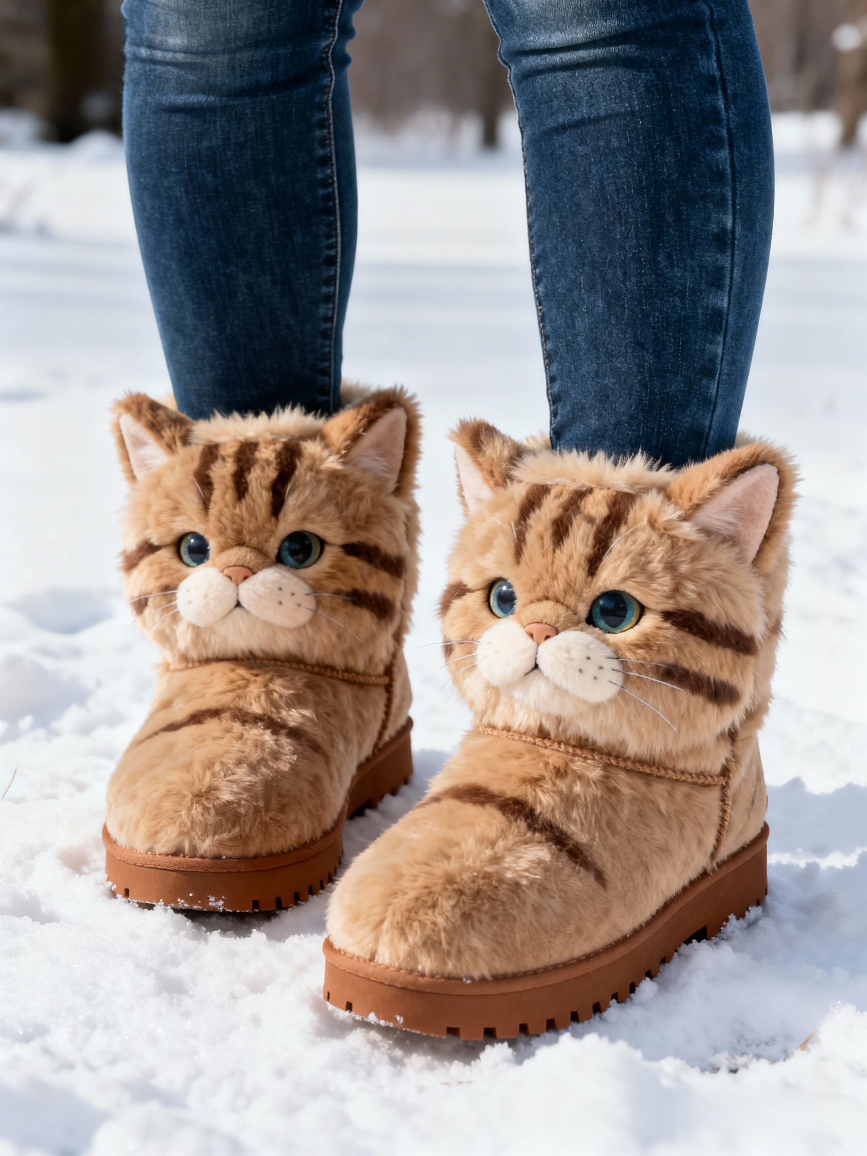 3D Cheerful Orange Tabby CatPlush Snow Boots Fleece-Lined Non-slip Thick-soled Boots