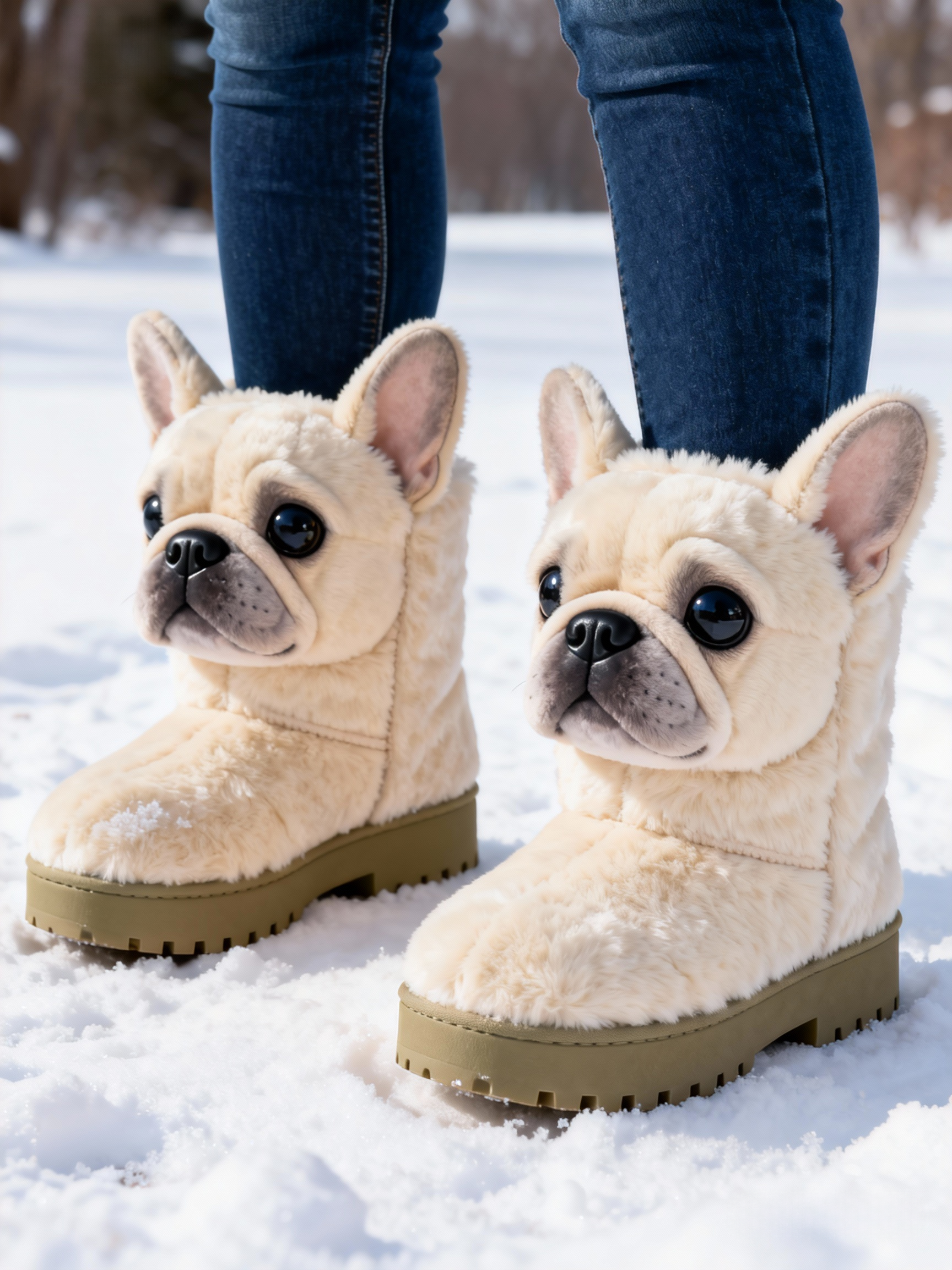 3D Adorable French Bulldog Plush Snow Boots Fleece-Lined Non-slip Thick-soled Boots