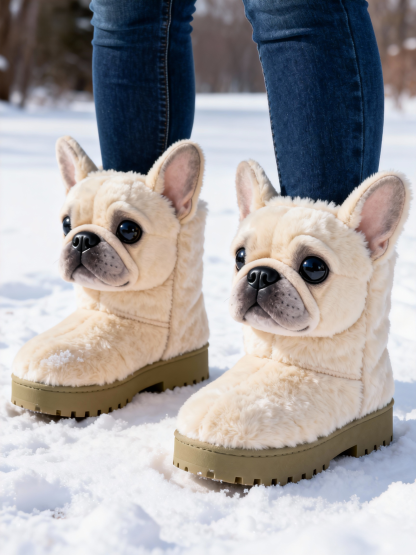 3D Adorable French Bulldog Plush Snow Boots Fleece-Lined Non-slip Thick-soled Boots