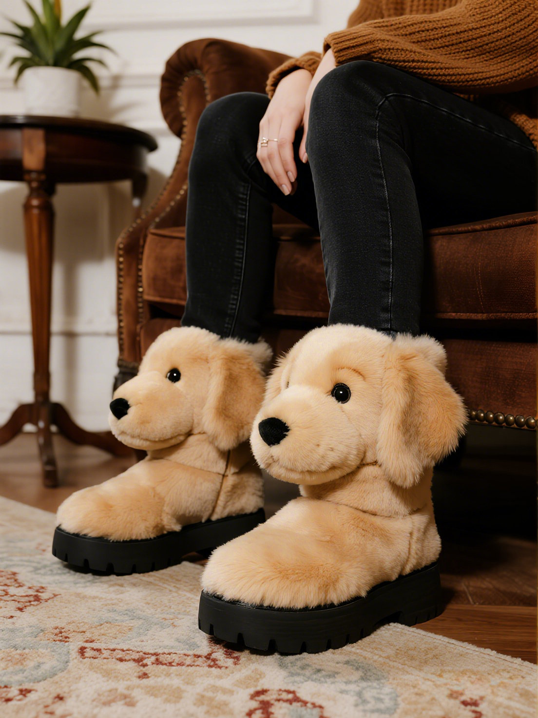3D Warm Golden Retriever Plush Snow Boots Fleece-Lined Non-slip Thick-soled Boots