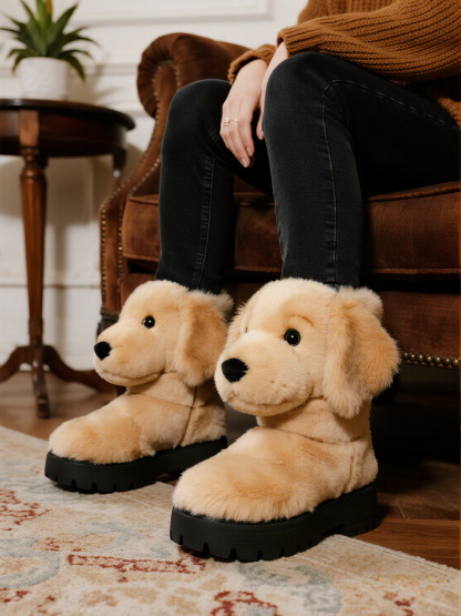 3D Warm Golden Retriever Plush Snow Boots Fleece-Lined Non-slip Thick-soled Boots