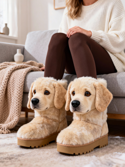 3D Labrador Retriever Plush Snow Boots Fleece-Lined Non-slip Thick-soled Boots