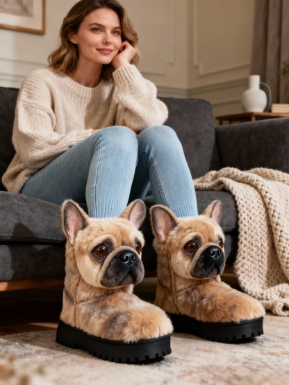3D Cute Fawn French Bulldog Plush Snow Boots Fleece-Lined Non-slip Thick-soled Boots