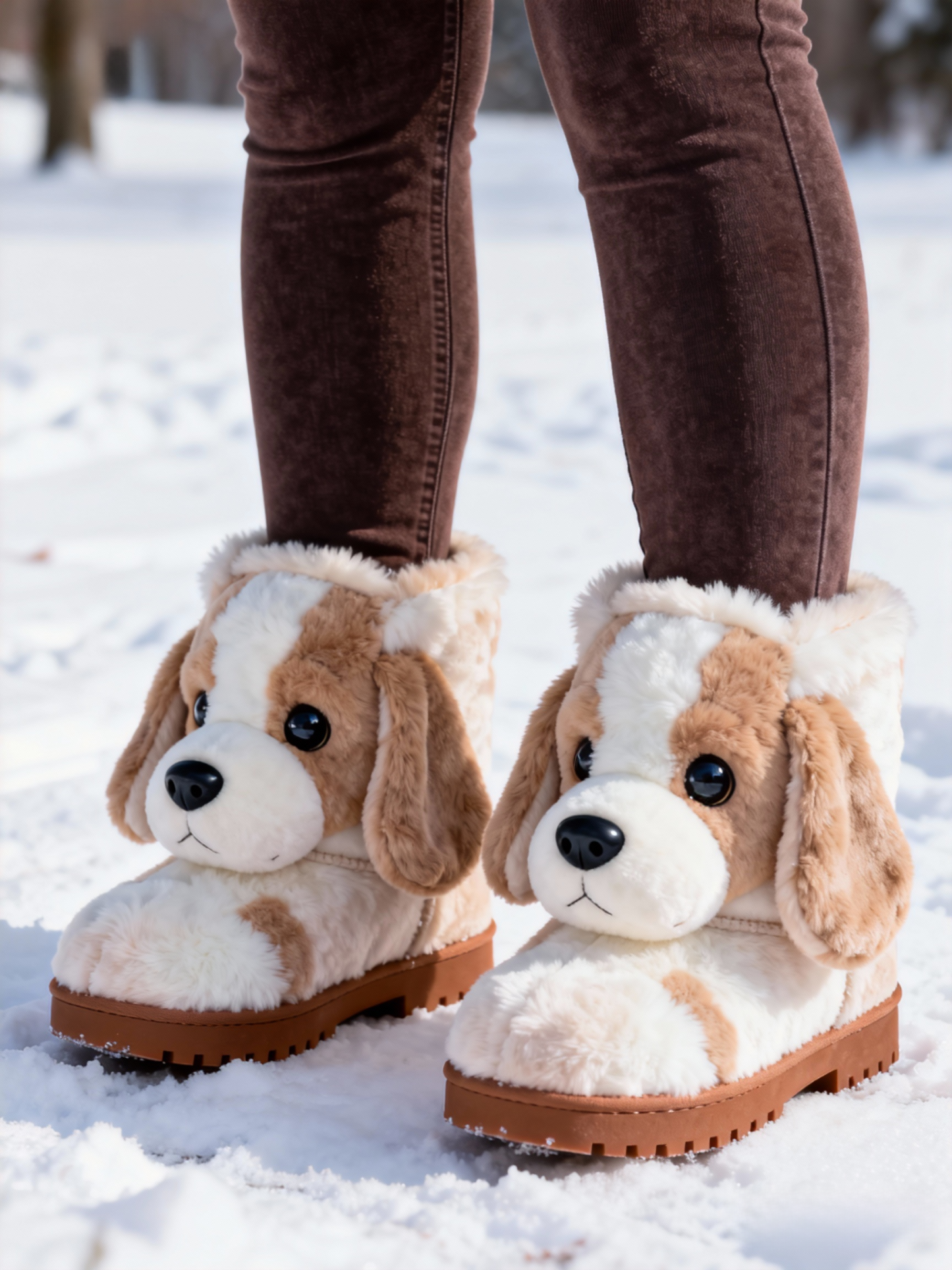 3D Playful Cockapoo Puppy Plush Snow Boots Fleece-Lined Non-slip Thick-soled Boots