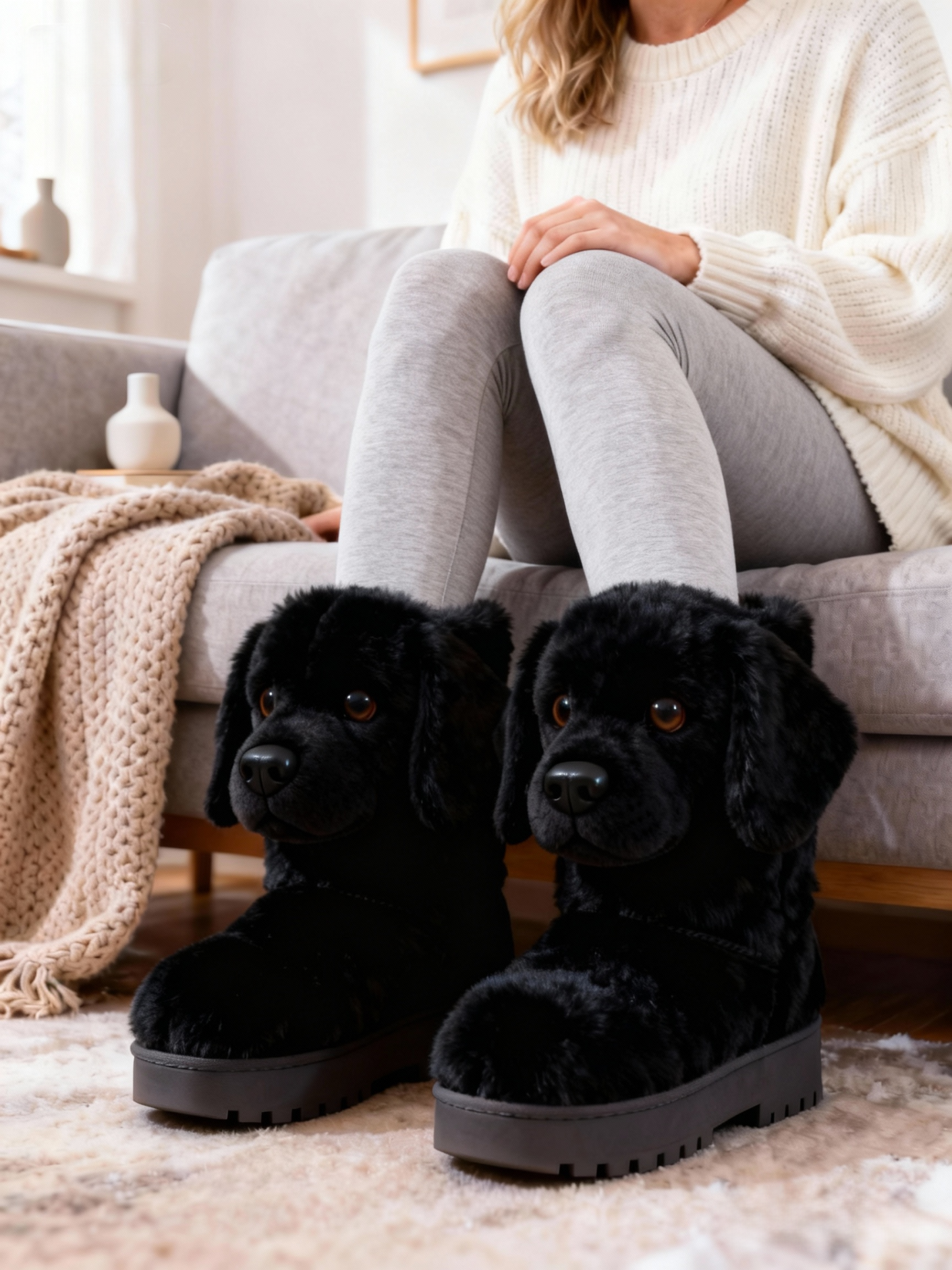 3D Black Labrador Retriever Plush Snow Boots Fleece-Lined Non-slip Thick-soled Boots