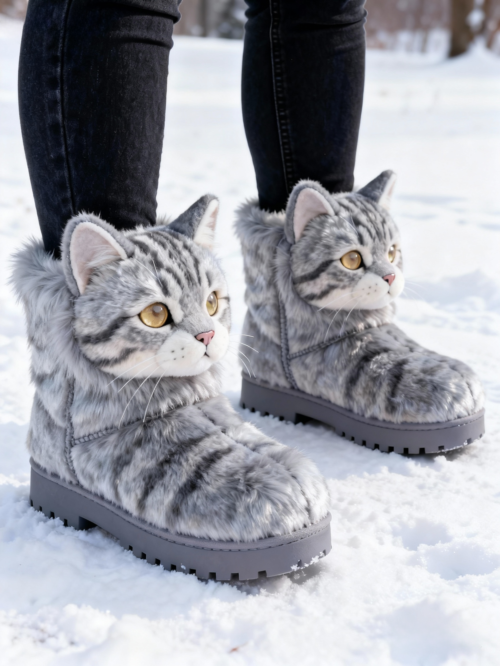 3D Adorable American Shorthair Cat Plush Snow Boots Fleece-Lined Non-slip Thick-soled Boots