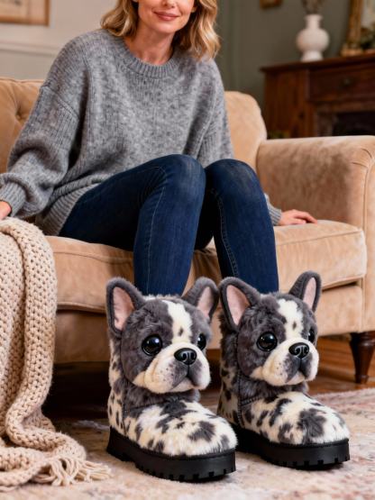 3D Cute Fawn French Bulldog Plush Snow Boots Fleece-Lined Non-slip Thick-soled Boots
