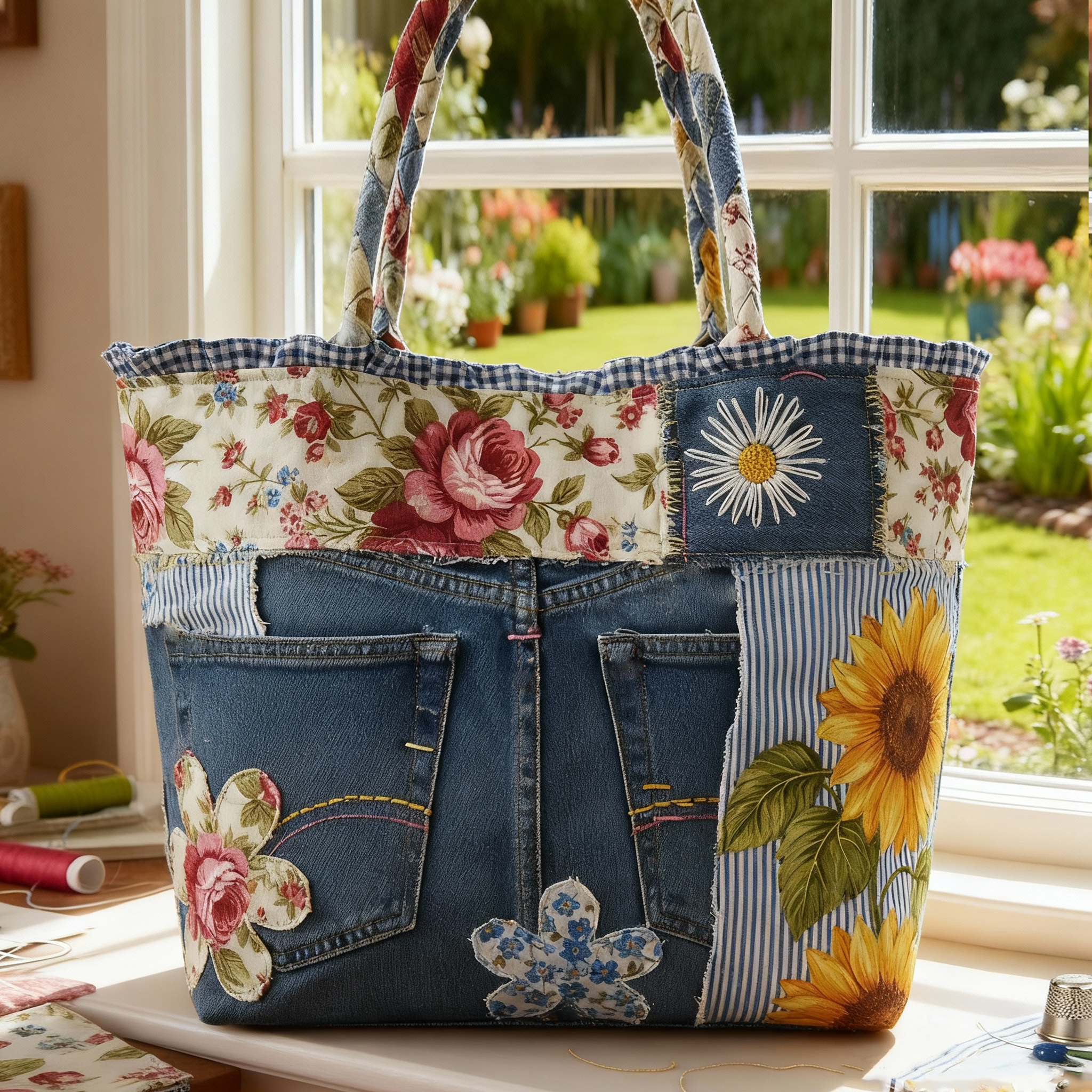  Vintage Rose & Sunflower Embroidery Denim Patchwork Tote Bag