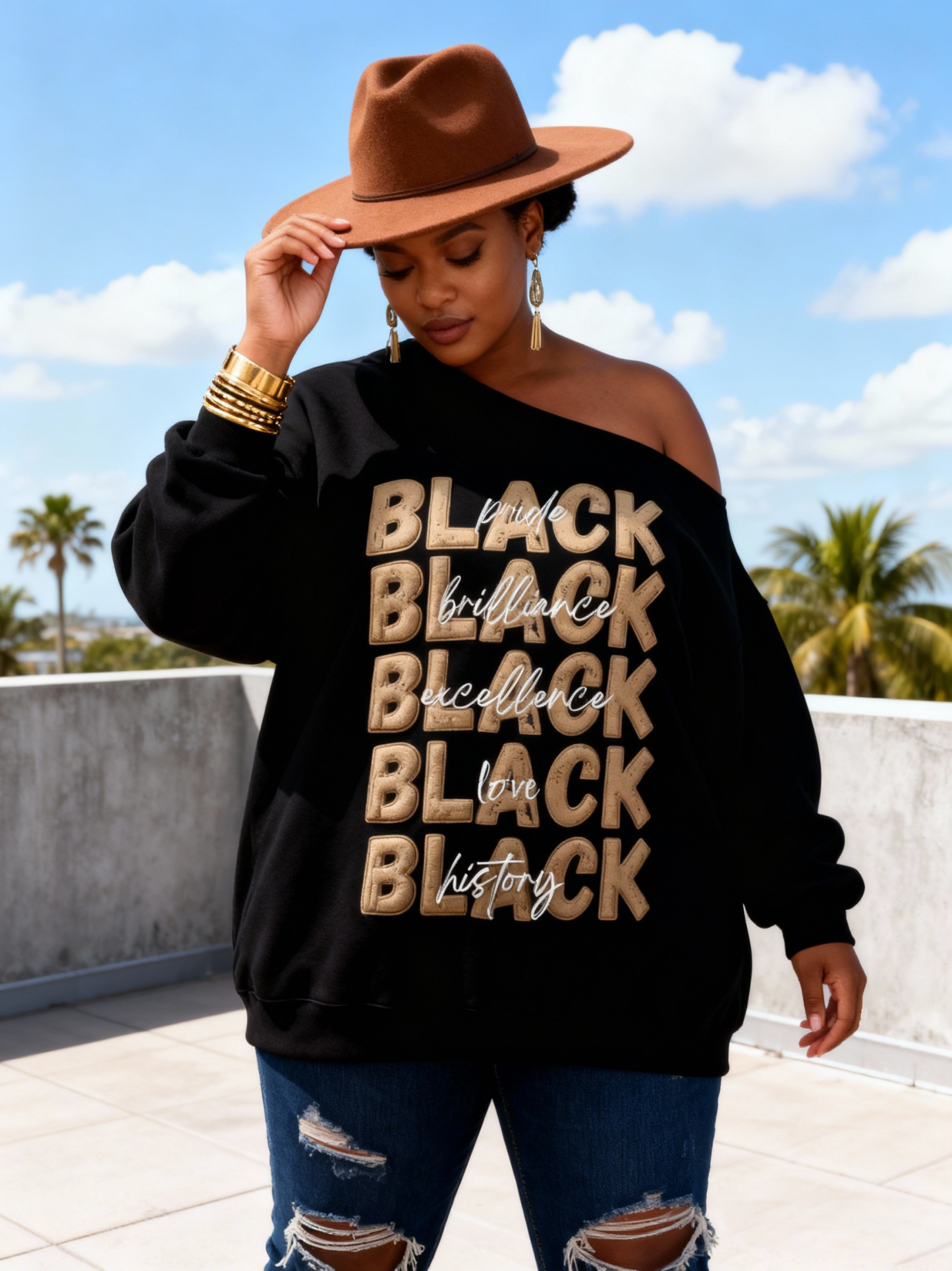 Black Pride Brilliance Excellence Graphic Off-Shoulder Oversized Sweatshirt 