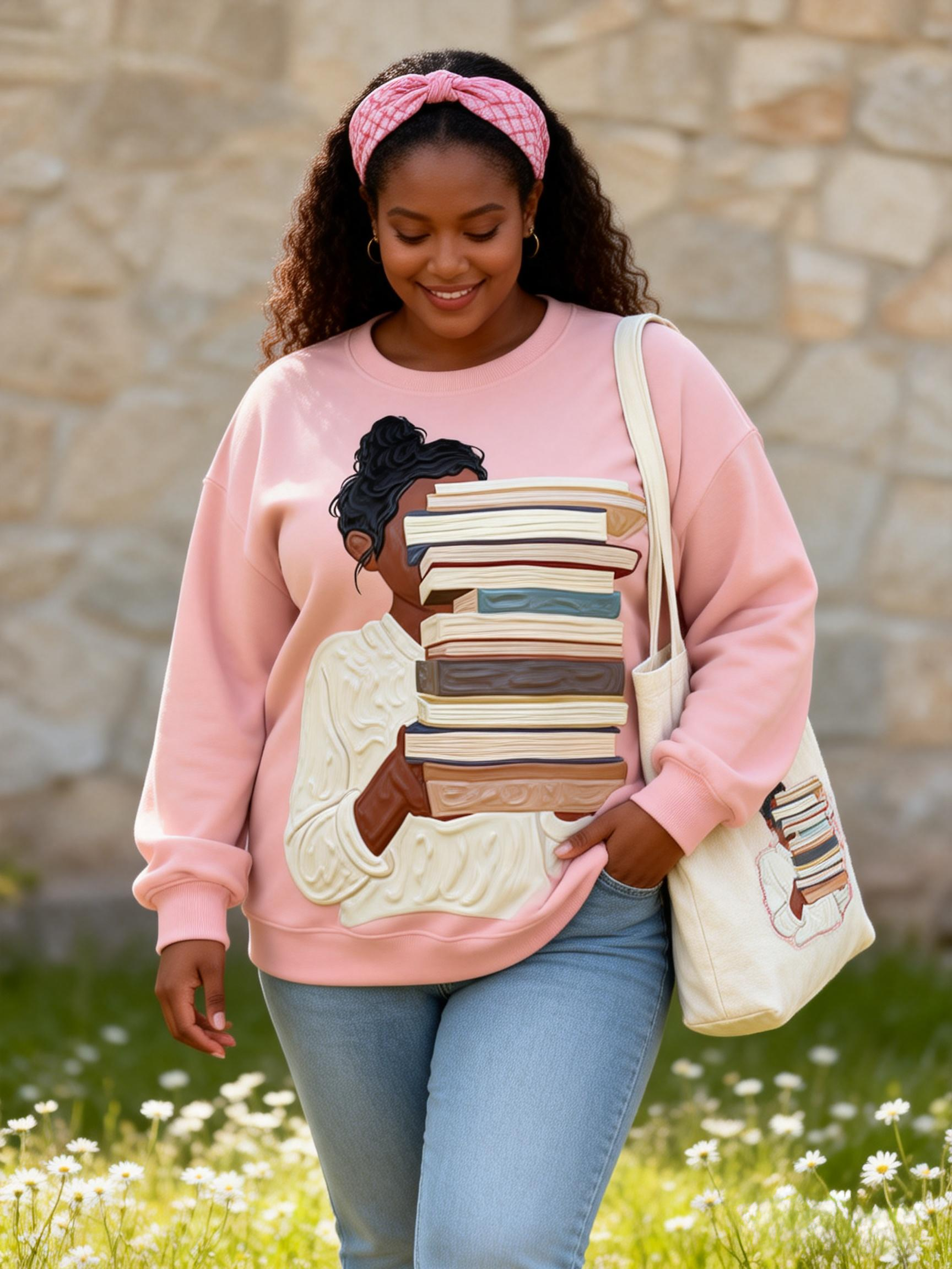 Black Woman Book Stack Graphic Oversized Crewneck Sweatshirt 