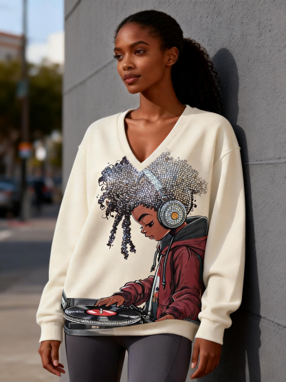 DJ Girl Rhinestone Afro Graphic Music-Inspired Oversized V-Neck Sweatshirt 