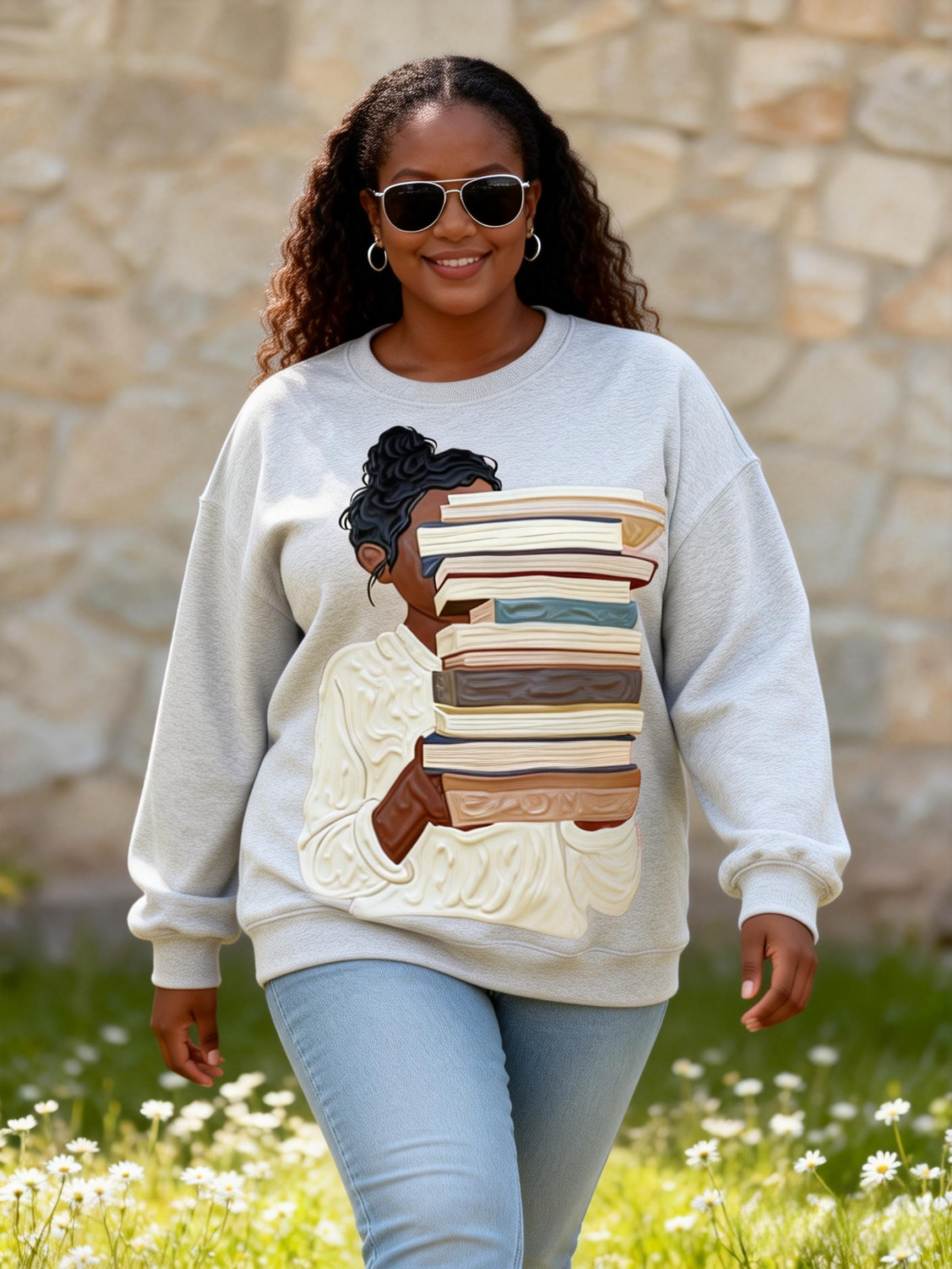 Black Woman Book Stack Graphic Oversized Crewneck Sweatshirt 