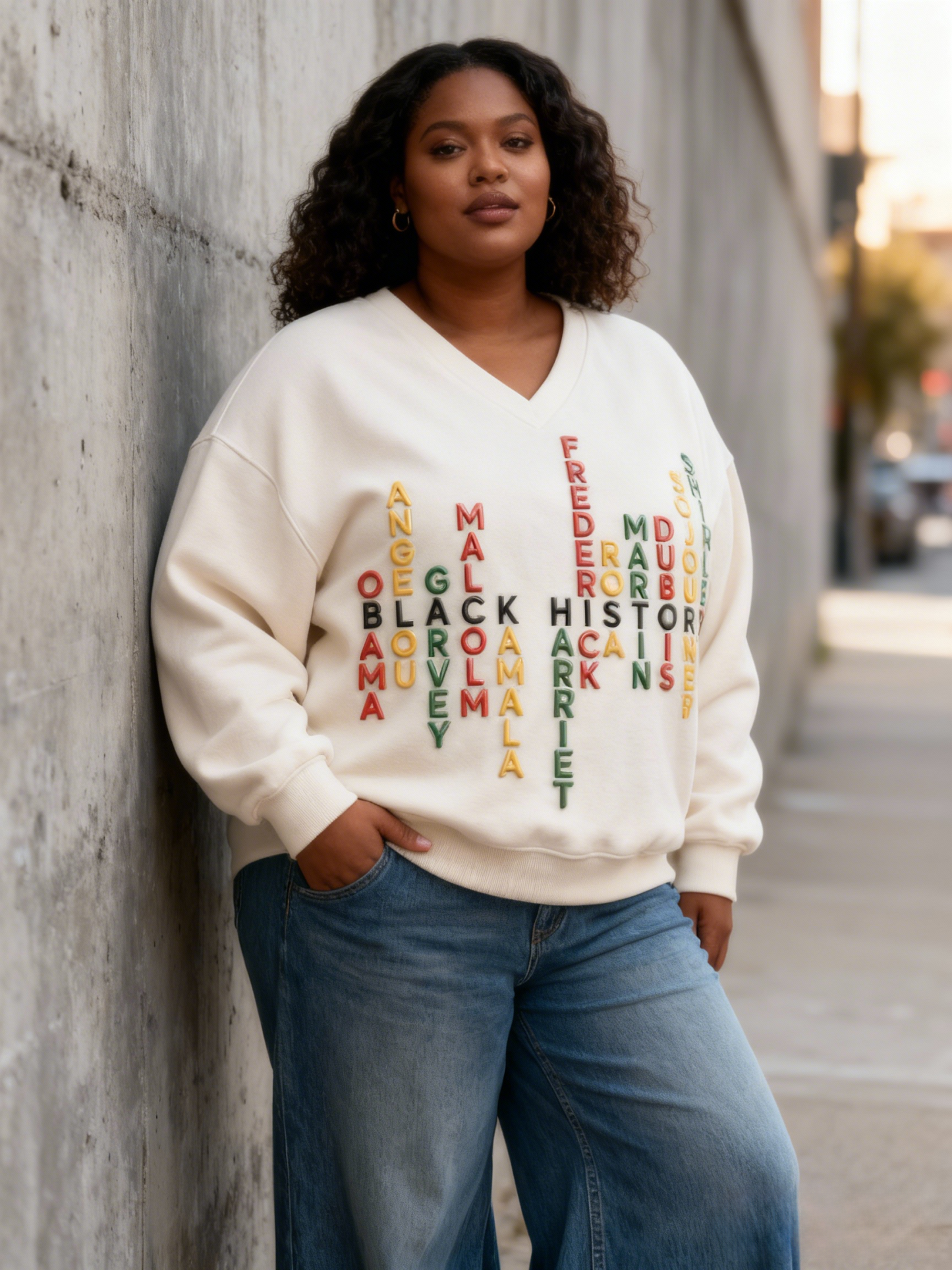 Black History Icons Names Graphic V-neck Oversized Sweatshirt