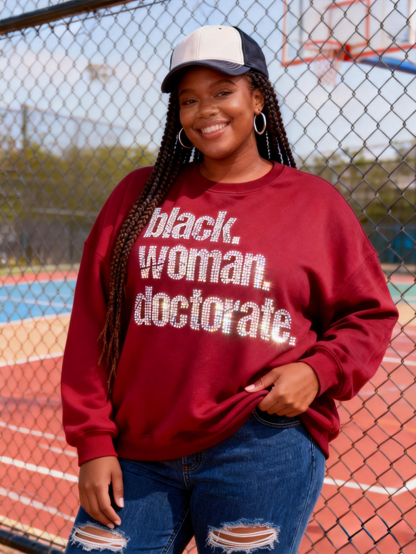 Black Woman Doctorate Rhinestone Graphic Oversized Crewneck Sweatshirt 