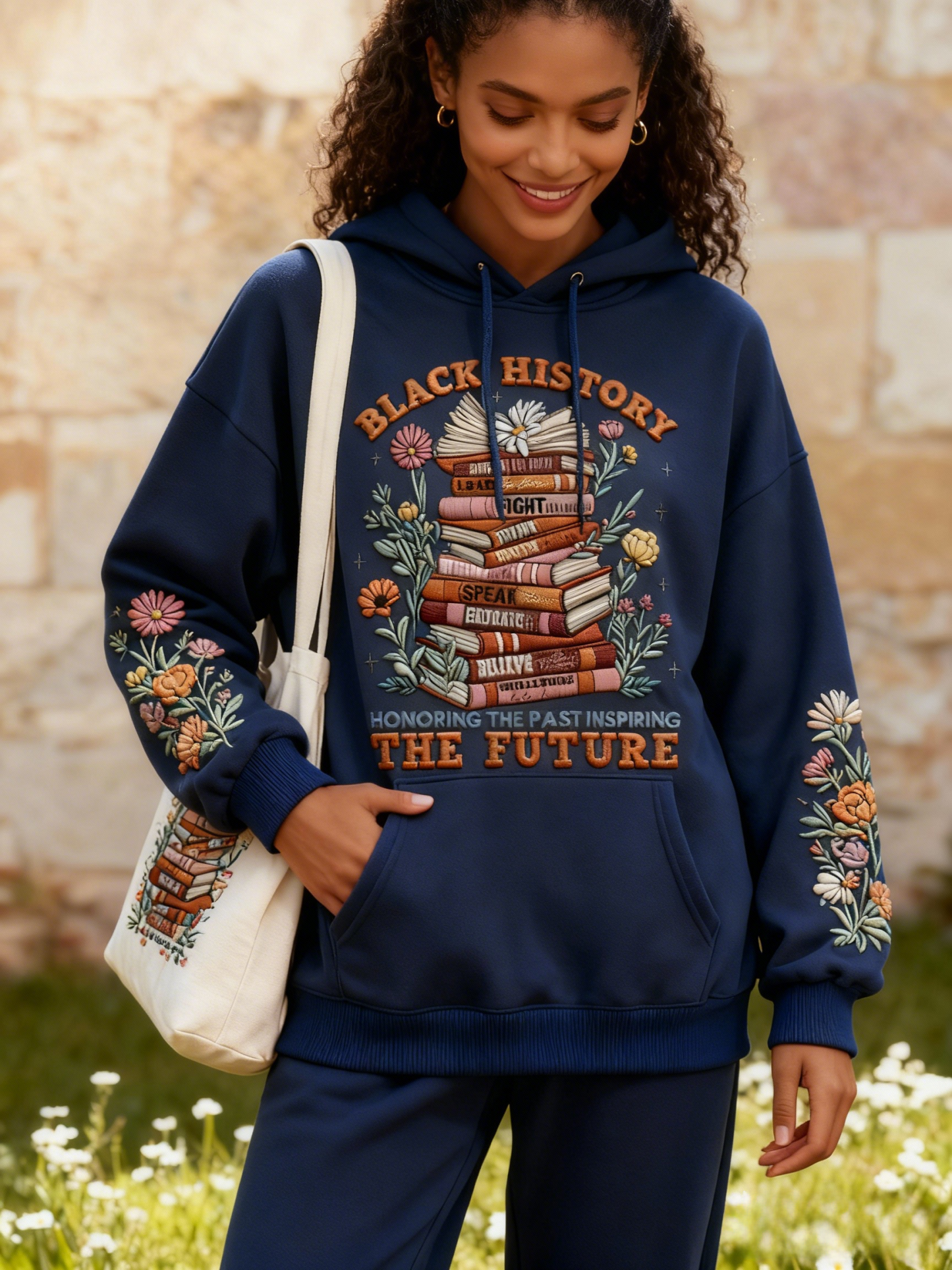 Black History Book Floral Embroidered Oversized Hoodie
