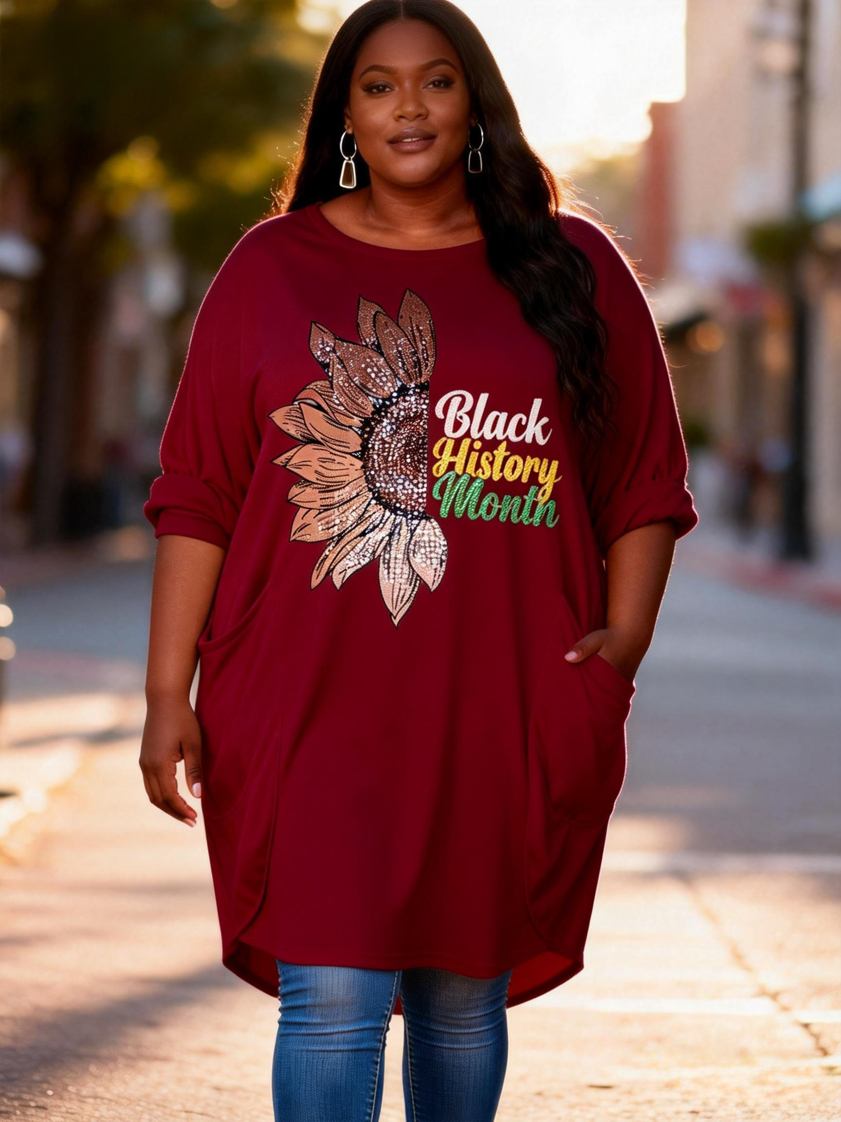 Black History Month Sunflower Loose Pocket Oversize Tunic T-Shirt Dress