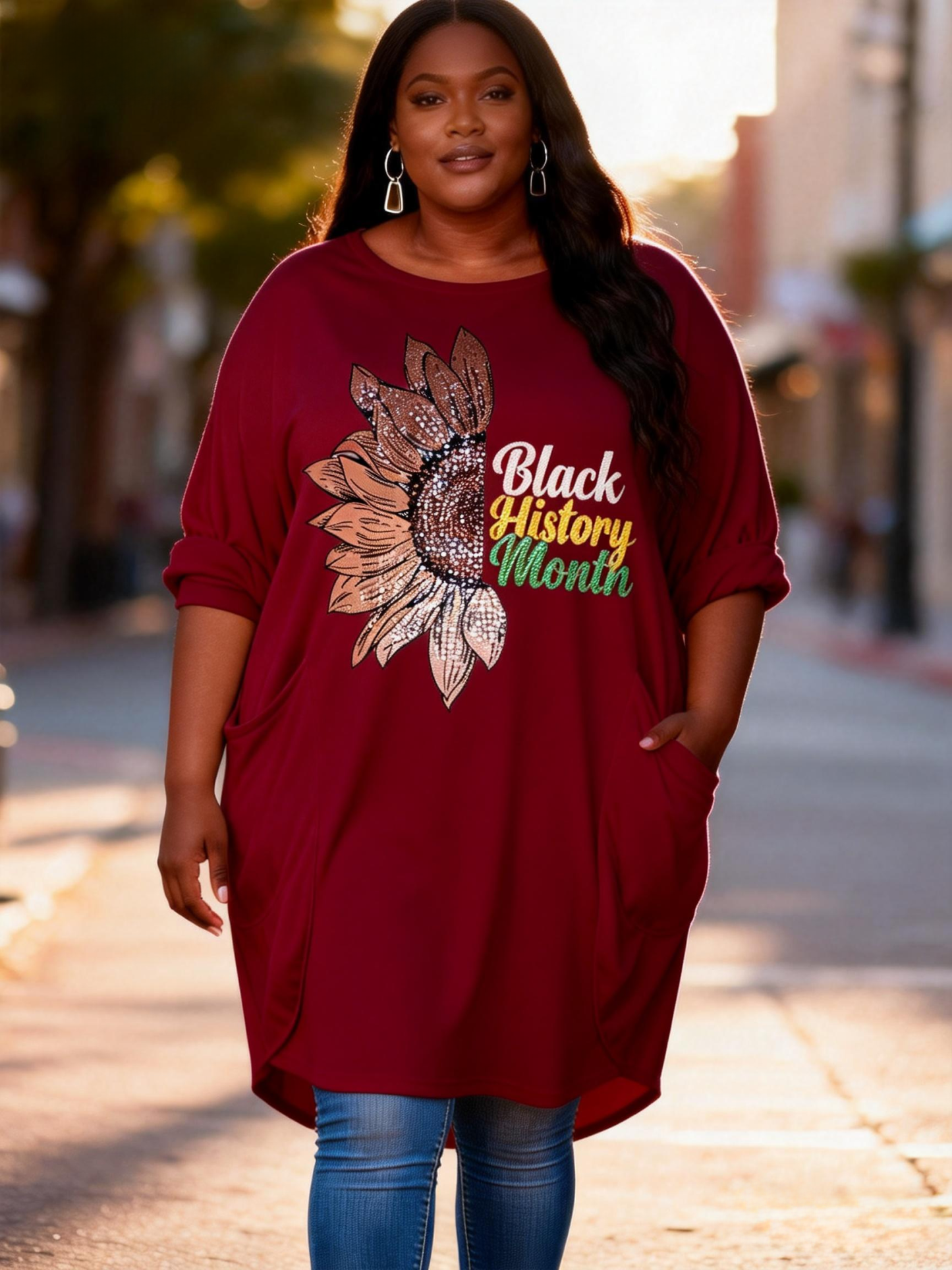 Black History Month Sunflower Loose Pocket Oversize Tunic T-Shirt Dress