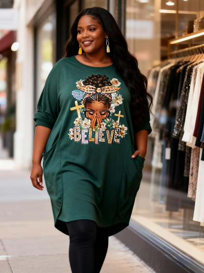 BELIEVE Christianross & Woman Rhinestone Loose Pocket Oversize Tunic T-Shirt Dress