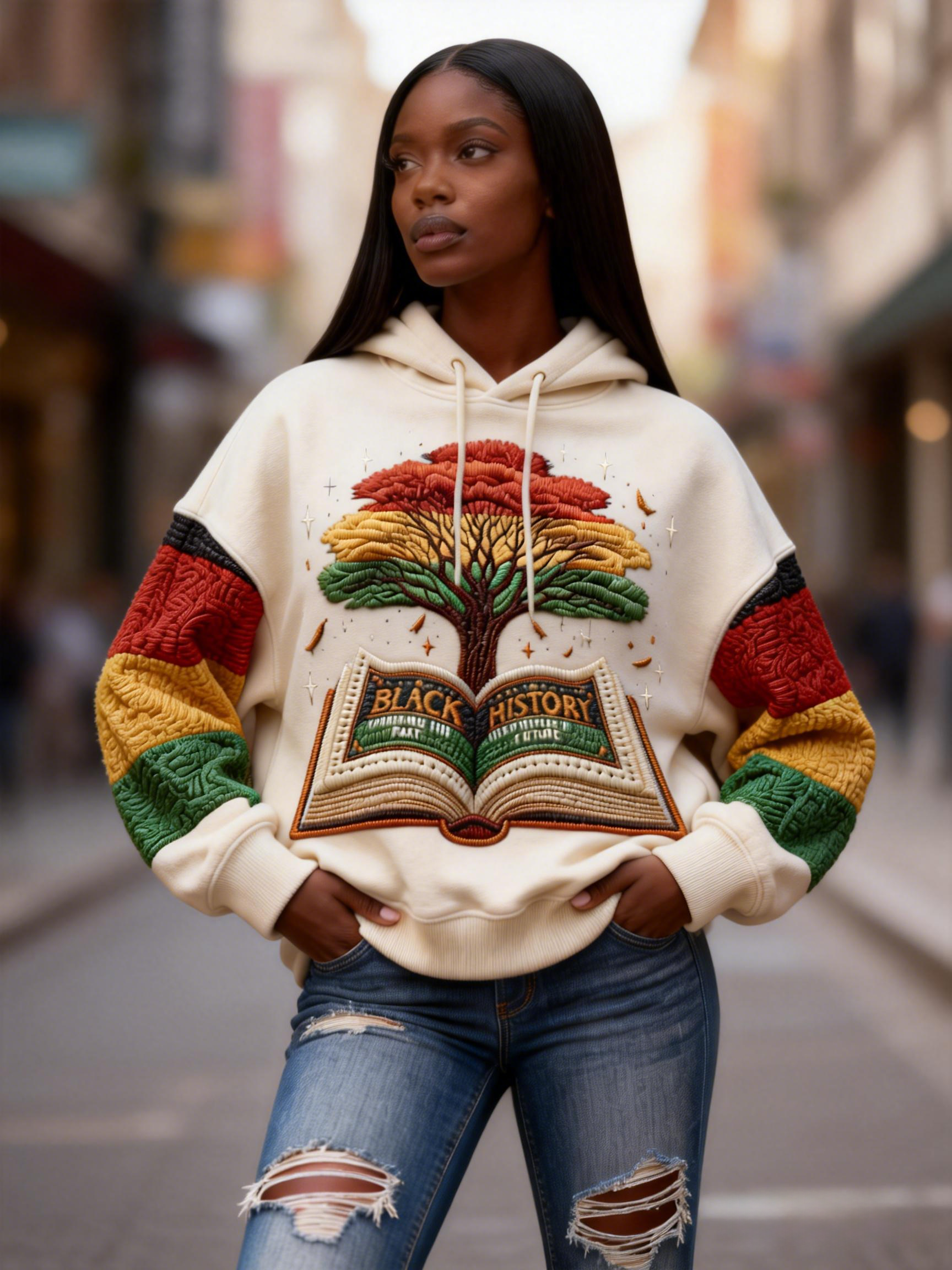 Black History Tree & Book Embroidered Kente Color Block Long Sleeve Hoodie