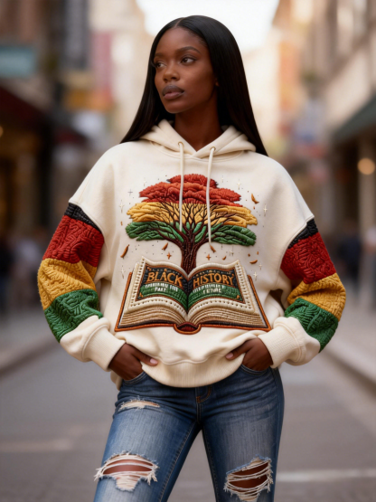 Black History Tree & Book Embroidered Kente Color Block Long Sleeve Hoodie