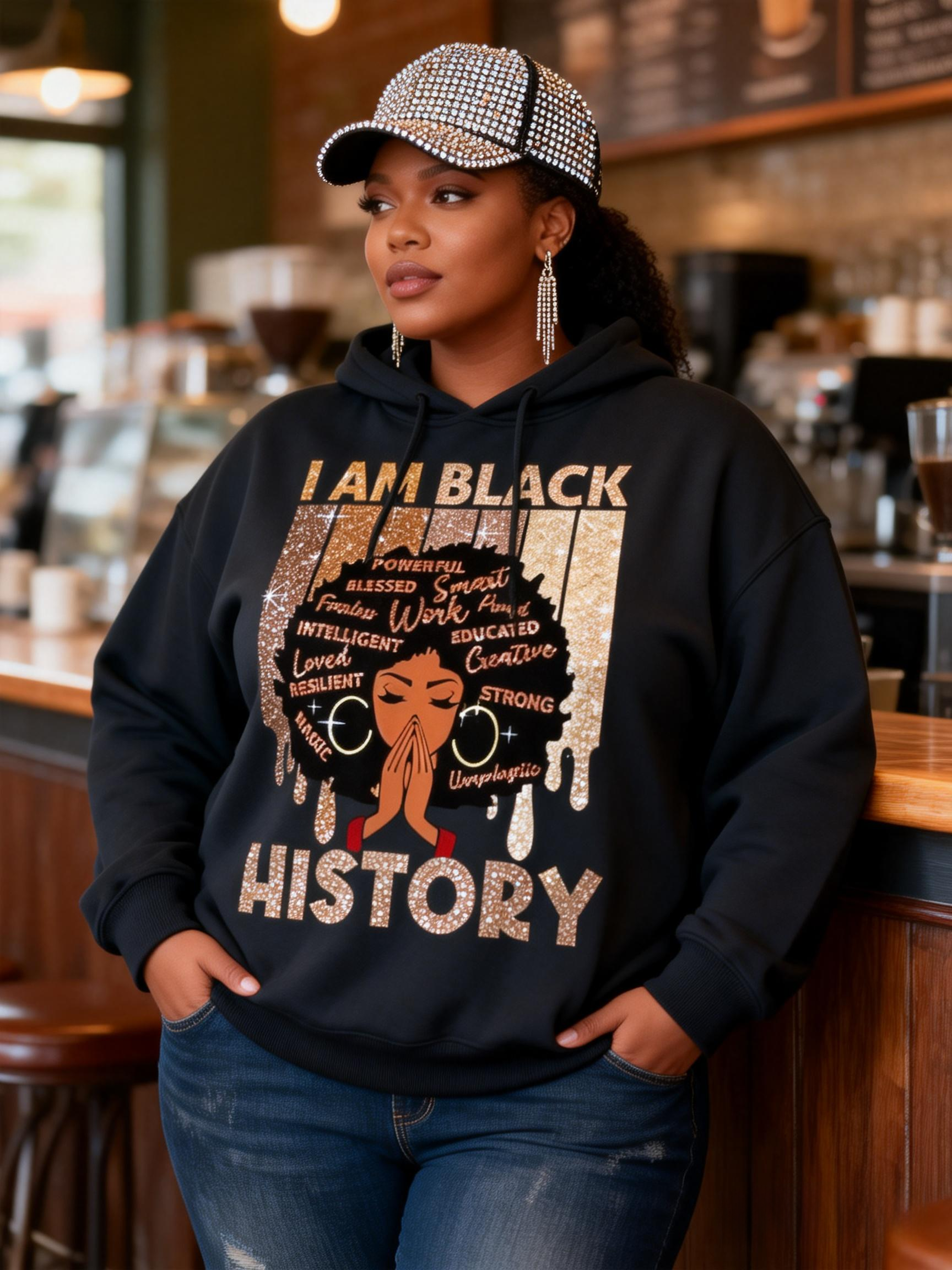 “I Am Black History” Glitter Graphic Long Sleeve Hoodie
