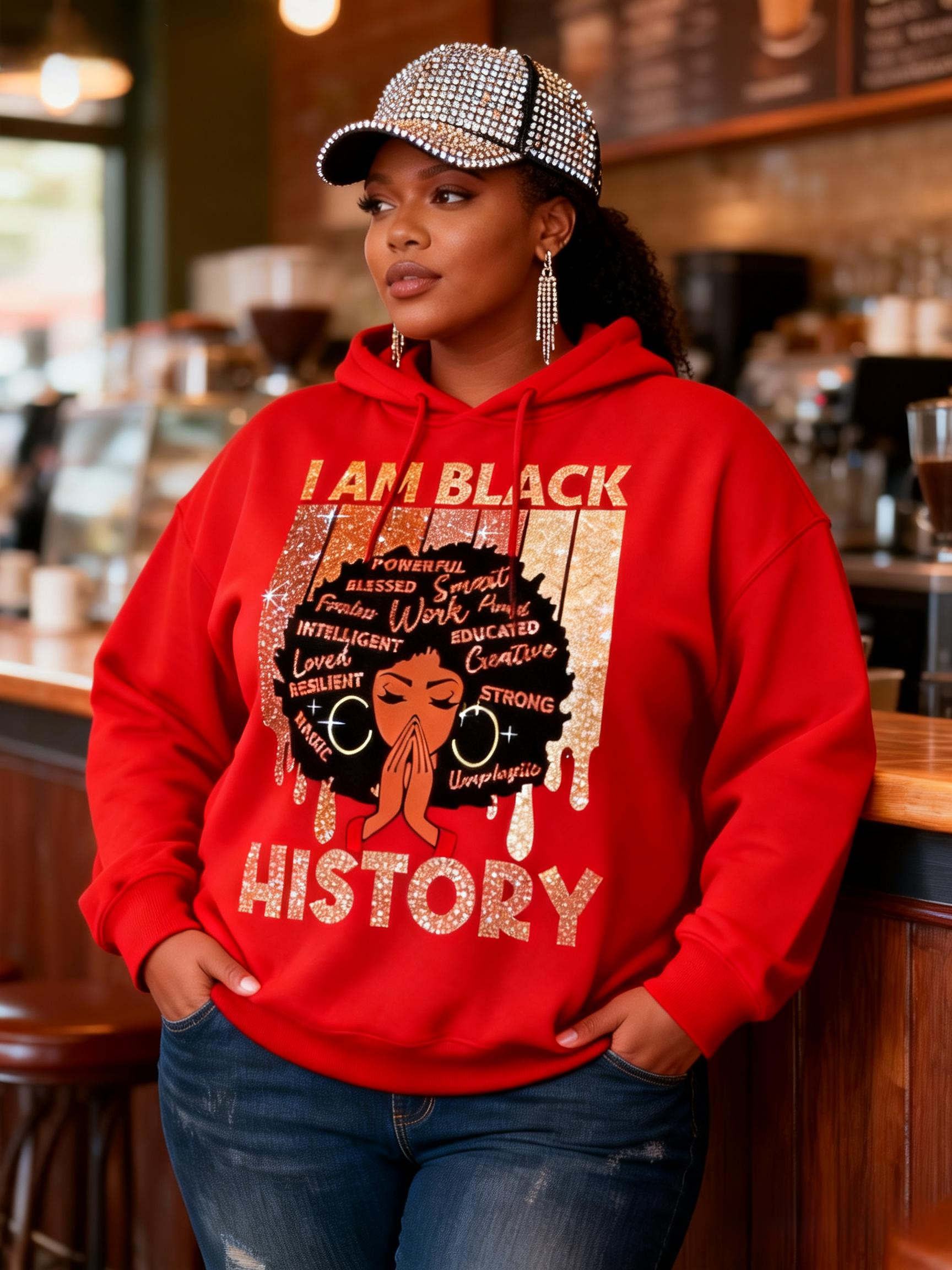 “I Am Black History” Glitter Graphic Long Sleeve Hoodie