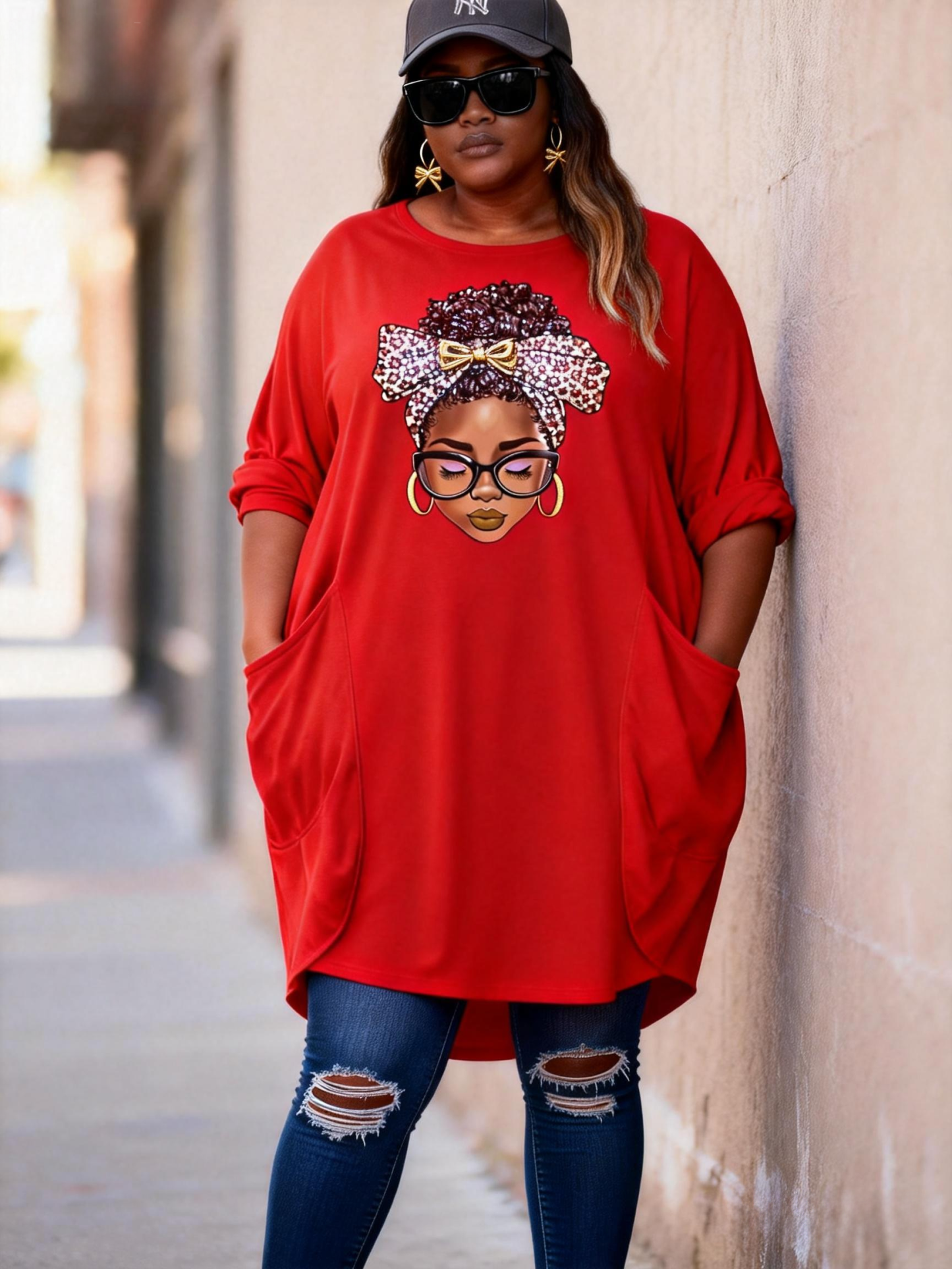 Leopard Bow African Queen Rhinestone Loose Pocket Oversize Tunic T-Shirt Dress