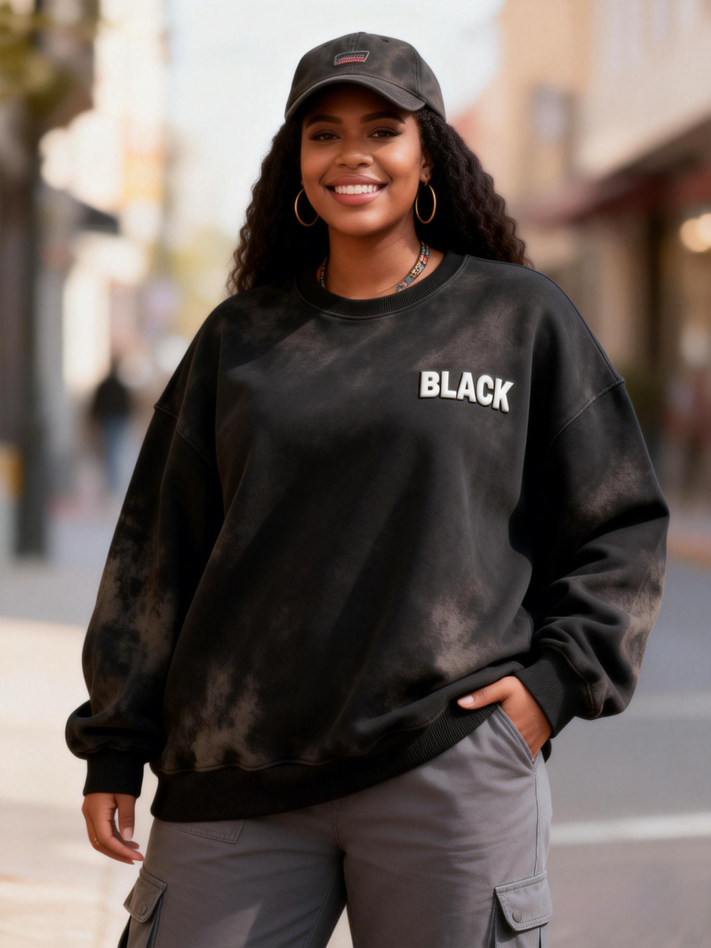 Black & Proud Puff Print Tie-Dye Crewneck Oversized Sweatshirt 