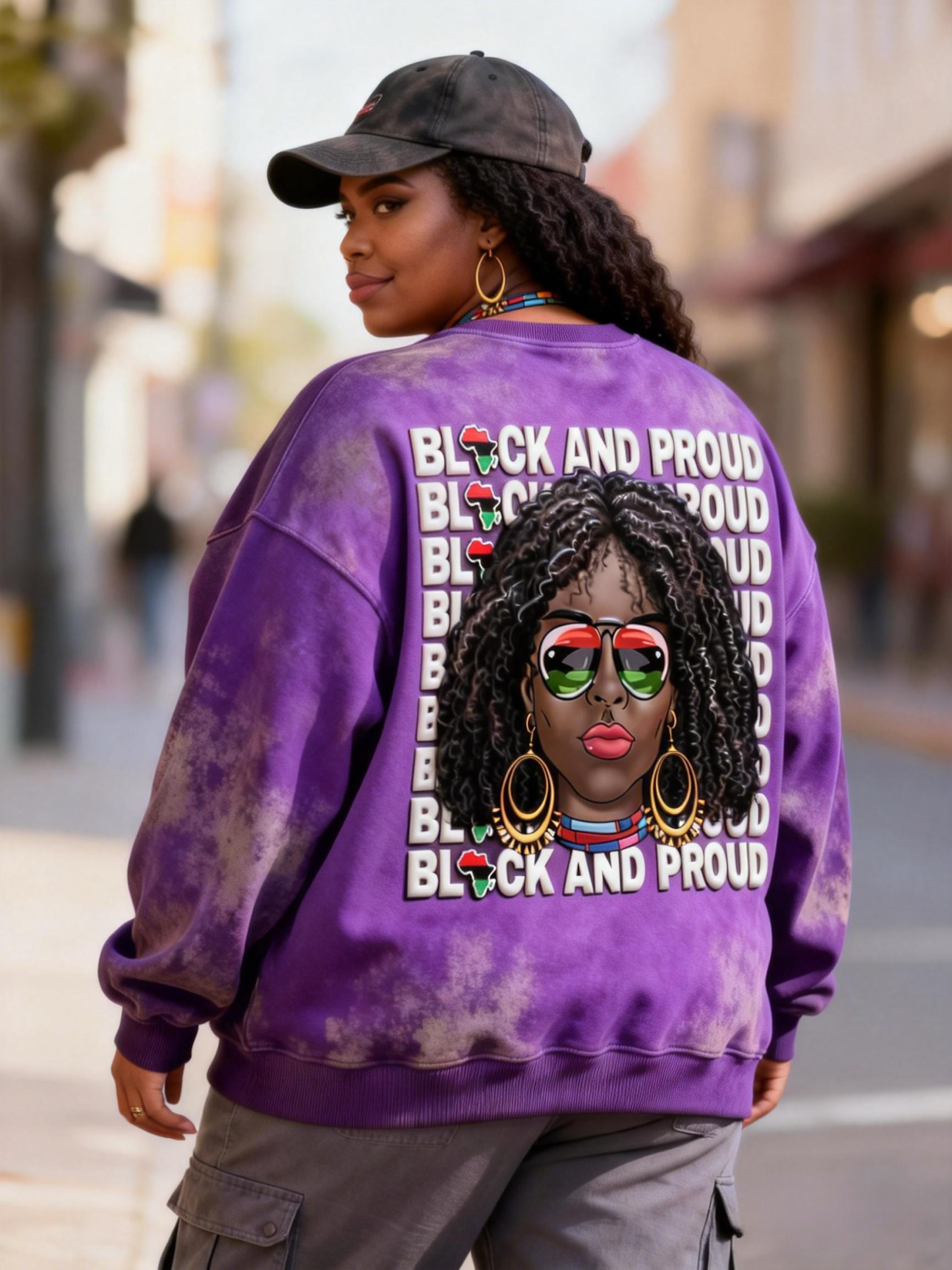 Black & Proud Puff Print Tie-Dye Crewneck Oversized Sweatshirt 