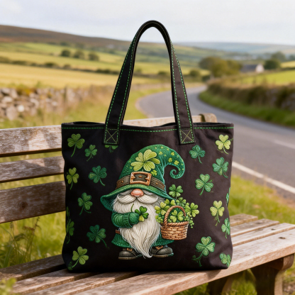 Cute Gnome Clover Embroidered Tote Bag St.Patrick Day Canvas Handbag