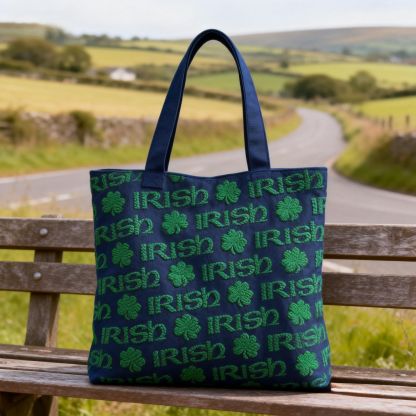 "IRISH" Shamrock Embroidered Tote Bag St.Patrick Day Canvas Handbag