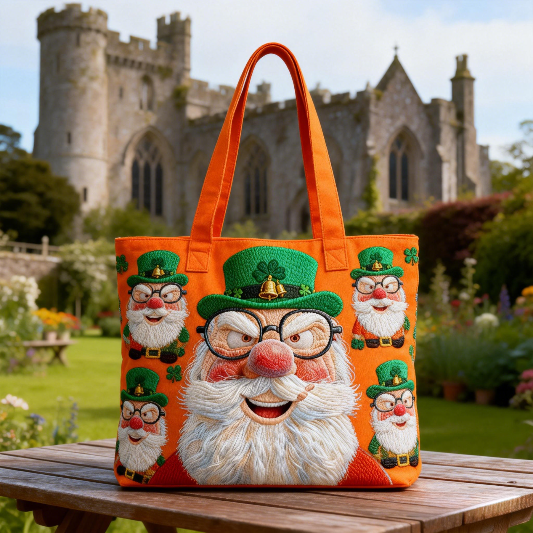 Orange & Green Leprechaun Playful Irish Pride Embroidered Tote Bag St.Patrick Day Canvas Handbag