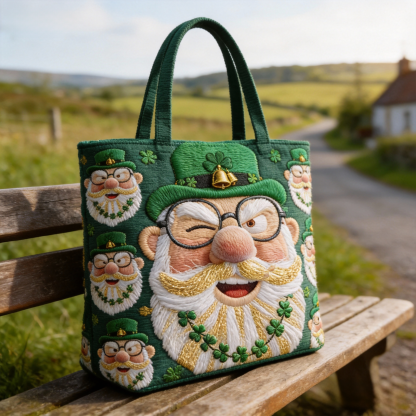 Funny Winking Leprechaun Embroidered Tote Bag St.Patrick Day Canvas Handbag