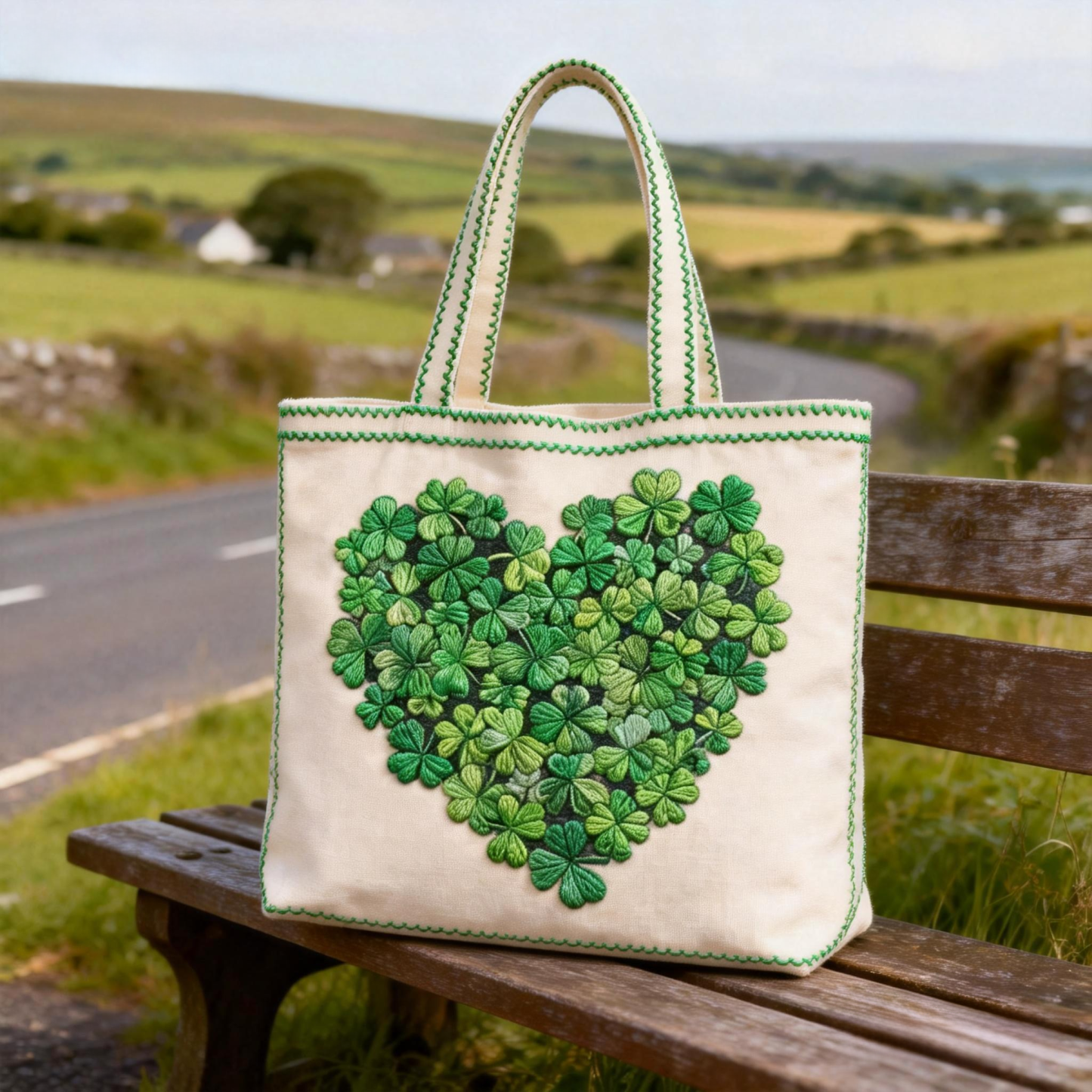 Heart-Shaped Shamrock Cluster Embroidered Tote Bag St.Patrick Day Canvas Handbag