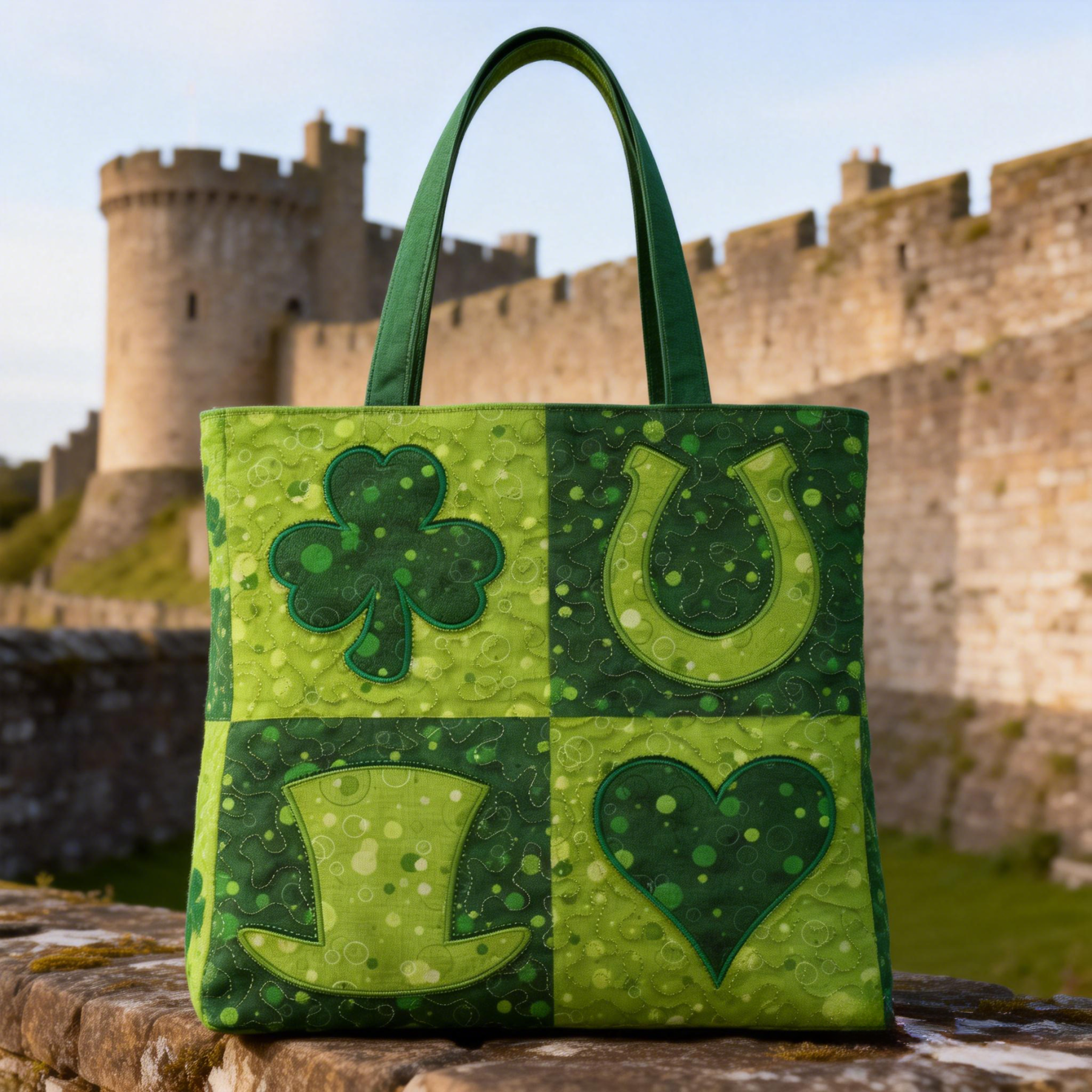 Patchwork Irish Symbol Embroidered Tote Bag St.Patrick Day Canvas Handbag