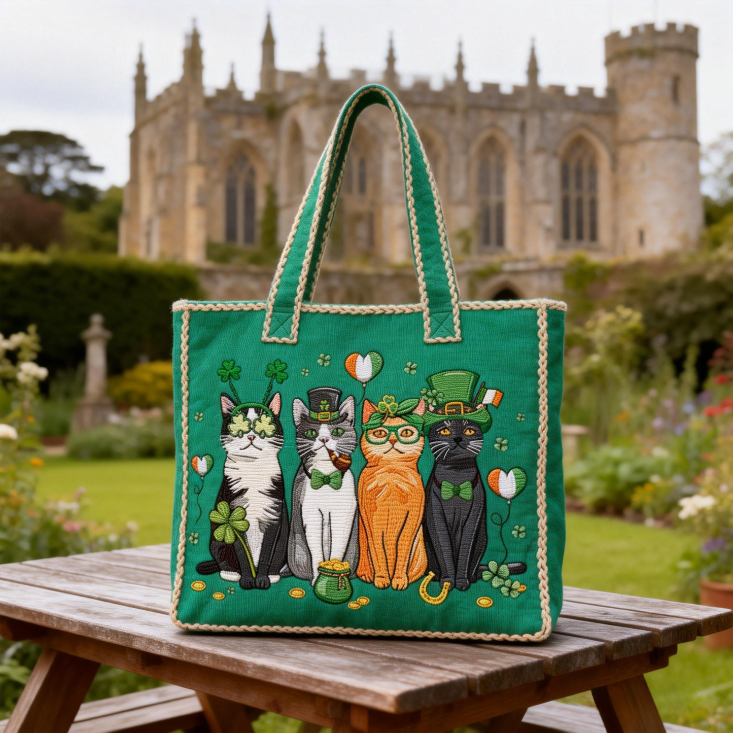 Lucky Shamrock & Leprechaun Cat Embroidered Tote Bag St.Patrick Day Canvas Handbag
